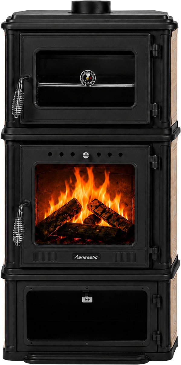 Hanseatic Kaminofen »Minerva, Gussofen mit Backofen und Beige emaillierten Seiten« Großer Feuerraum