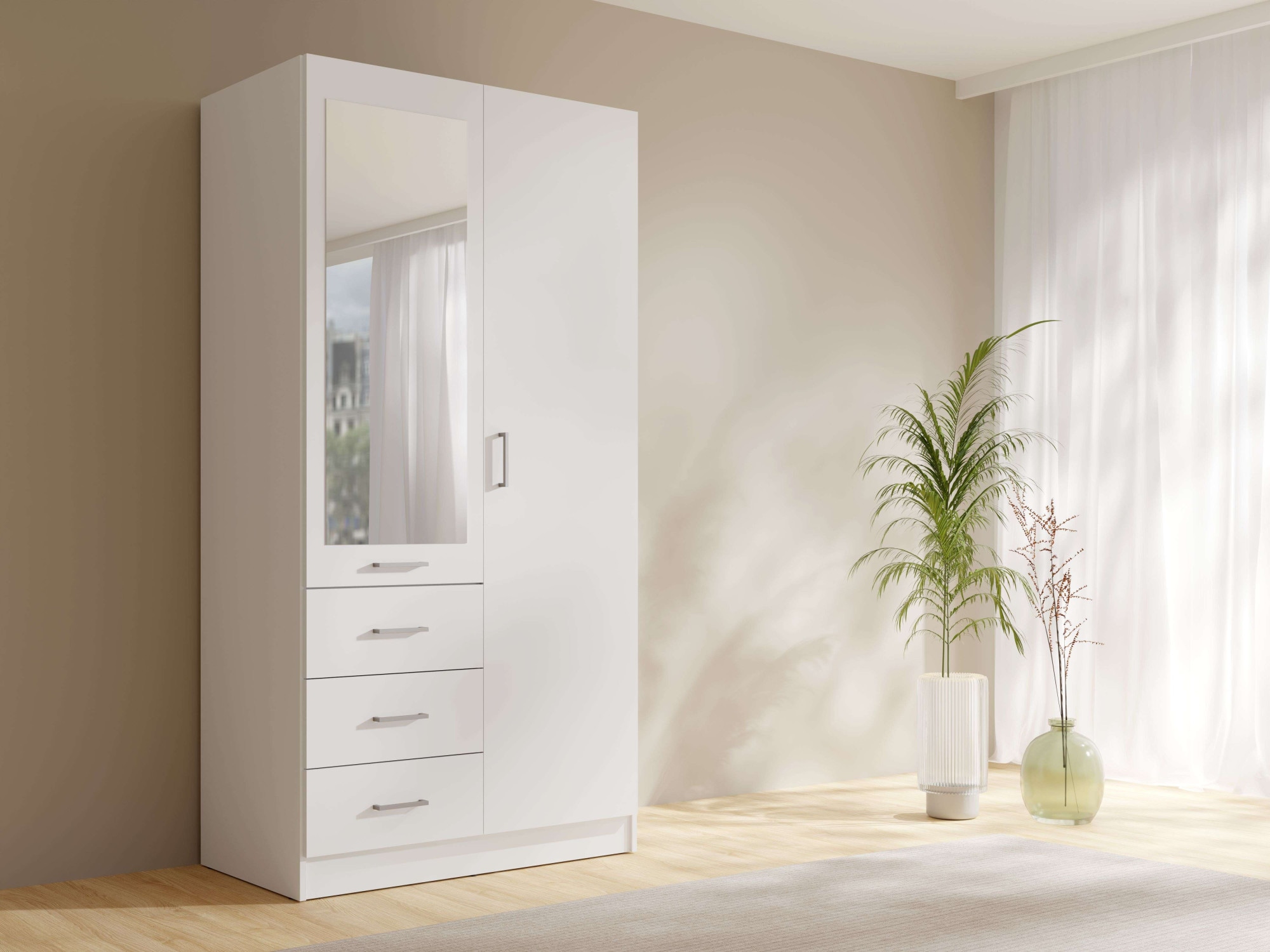 Home affaire Kleiderschrank »KOS Garderobe mit 3 Schubladen, Kleiderstange und Spiegel«, Wäscheschrank mit 2 Drehtüren, silber Griffen, Maße B/H/T 101/200/58cm