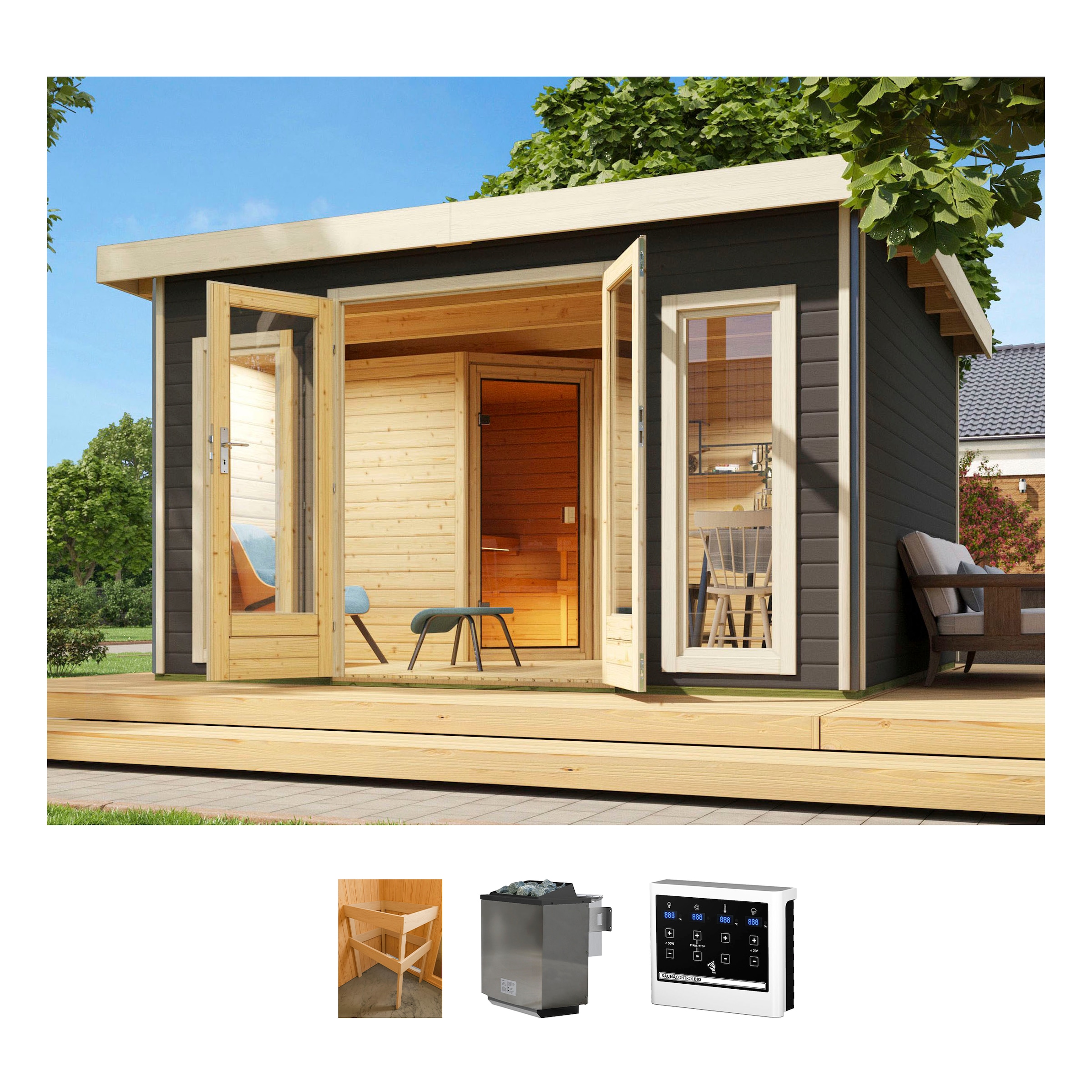 KONIFERA Saunahaus »Maiko 3 SET A« Ofen 9 kW Bio externe Strg easy terragrau