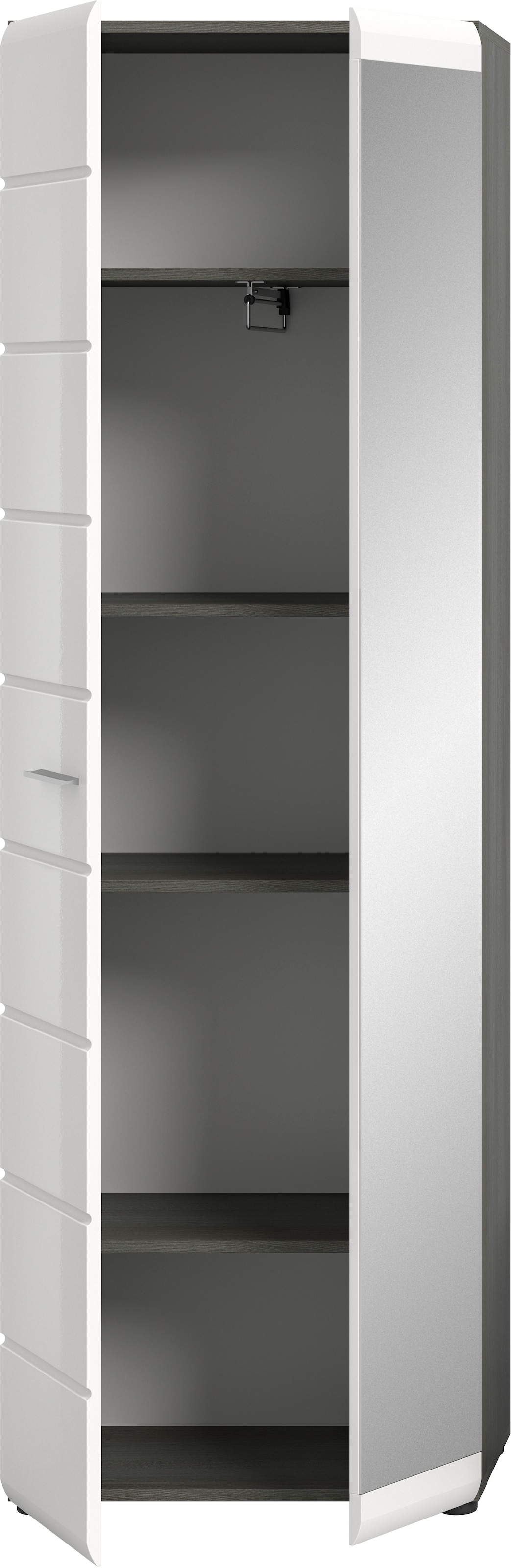 INOSIGN Garderobenschrank »Rumba, Höhe 192 cm, 1 Hochglanz Tür, 1 Spiegeltür, 4 Einlegeböden,«, 1 Kleiderstange, Stauraumschrank, Flurschrank, Flurmöbel