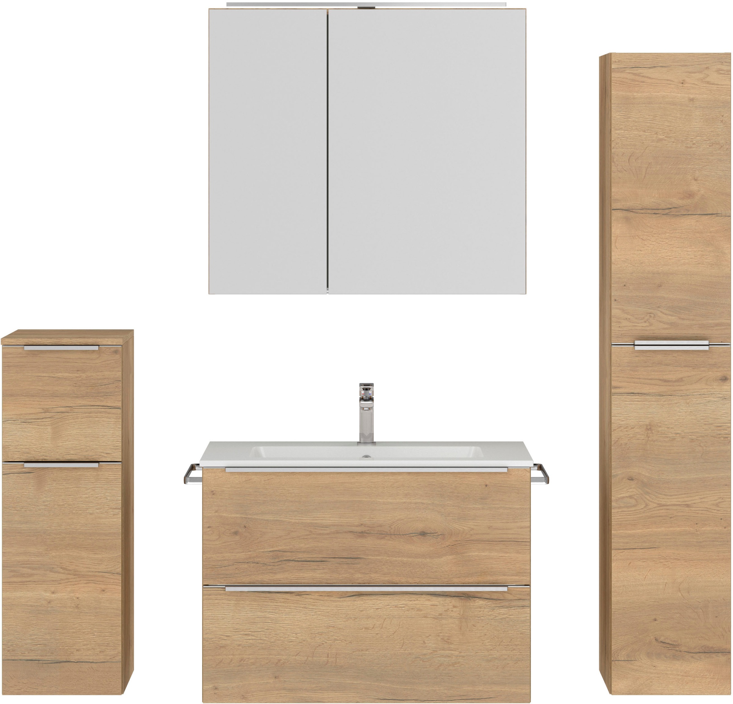 nobilia® Badmöbel-Set »Levere«, (4 St., vormontiert, mit Soft-Close), inkl. Spiegelschrank mit Beleuchtung und Dimmerfunktion, in 4 Breiten