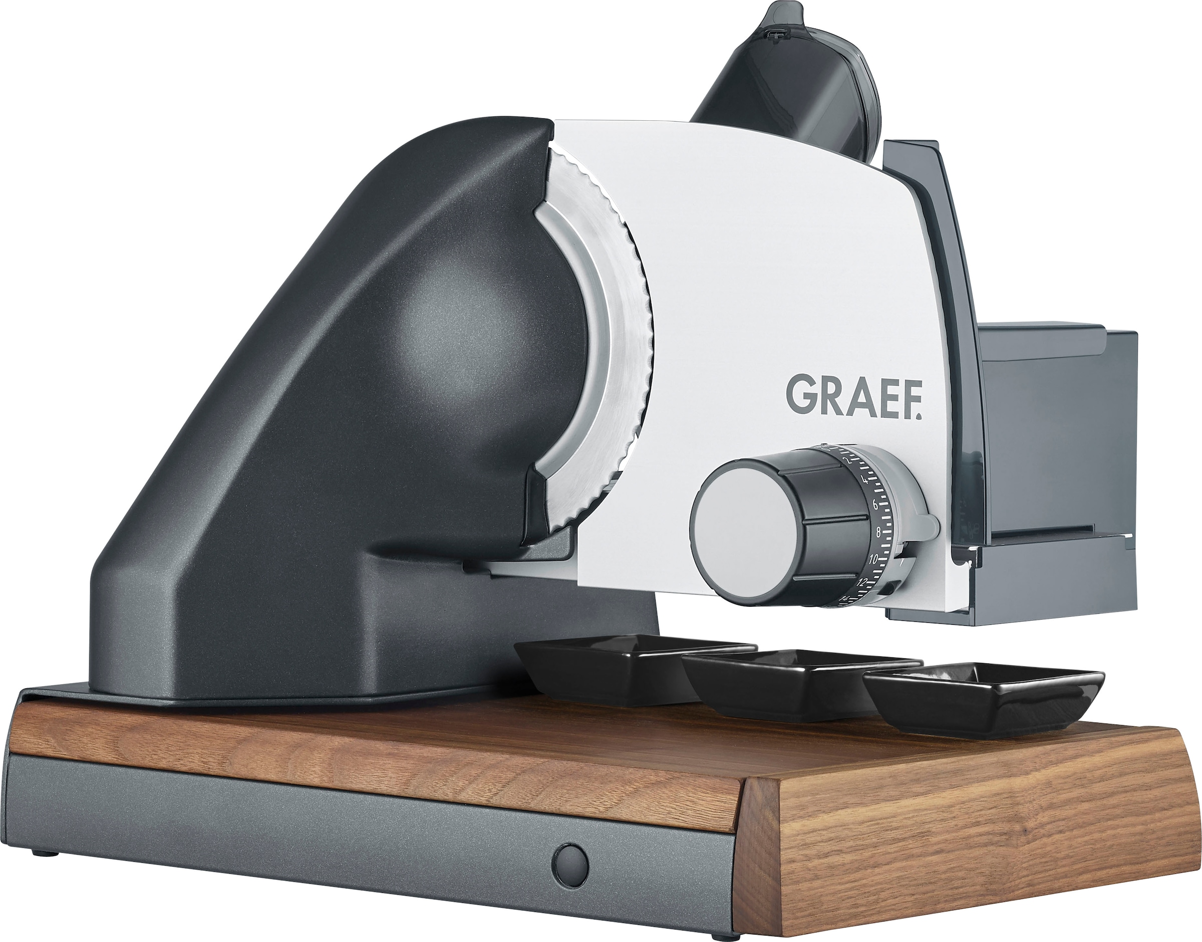 Graef Allesschneider »ICONIC²³ S55006«, 170 W, mit Walnussholz-Schneidbrett, 3 Dip-Schälchen aus Porzellan