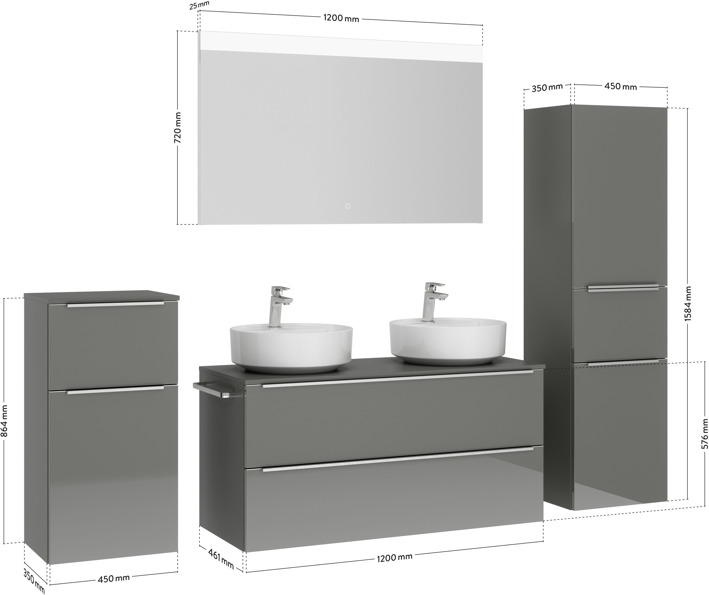 nobilia® Badmöbel-Set »Alvene«, (4 St., vormontiert, mit Soft-Close), Hochglanz, inkl. Spiegel mit Touch-Sensor, in vier Breiten