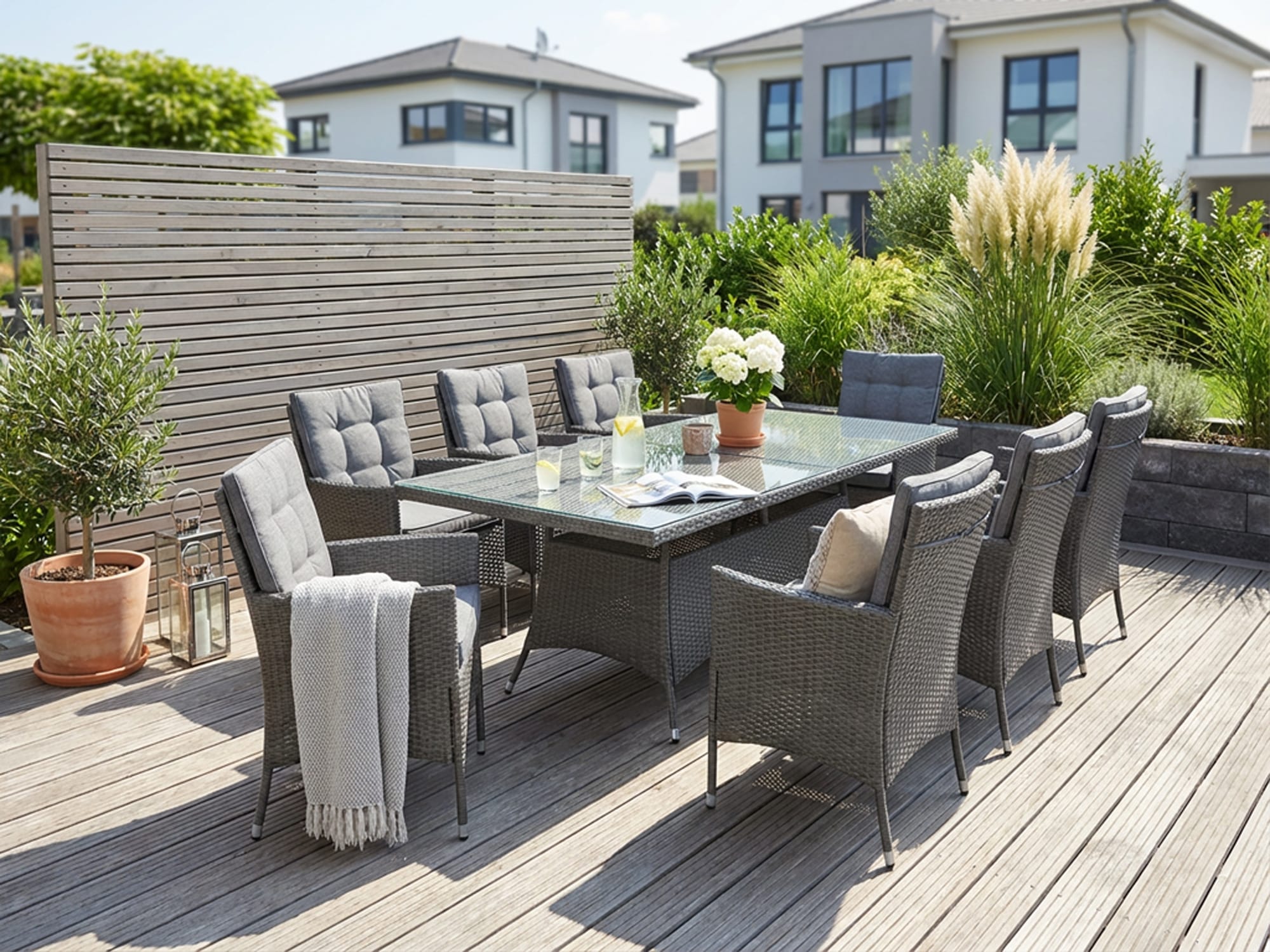 KONIFERA »Korfu« Set, 8x Sessel, 1x Tisch 200x100x73,,5cm, inkl. Auflagen, inkl. Schutzhülle, 17 Stk. tlg. Polyrattan, Stahl, Ablagefläche unter der Tischplatte, Dunkelgrau