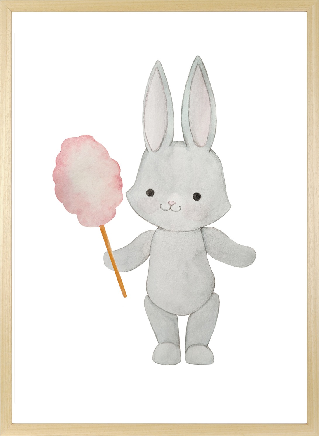 queence Bild mit Rahmen »Hase mit Zuckerwatte«, Fantasy-Hase-Hasen-Haustiere-Süßigkeiten-Tiere, (1 St.), HD Premium Posterdruck mit Echtholzrahmen
