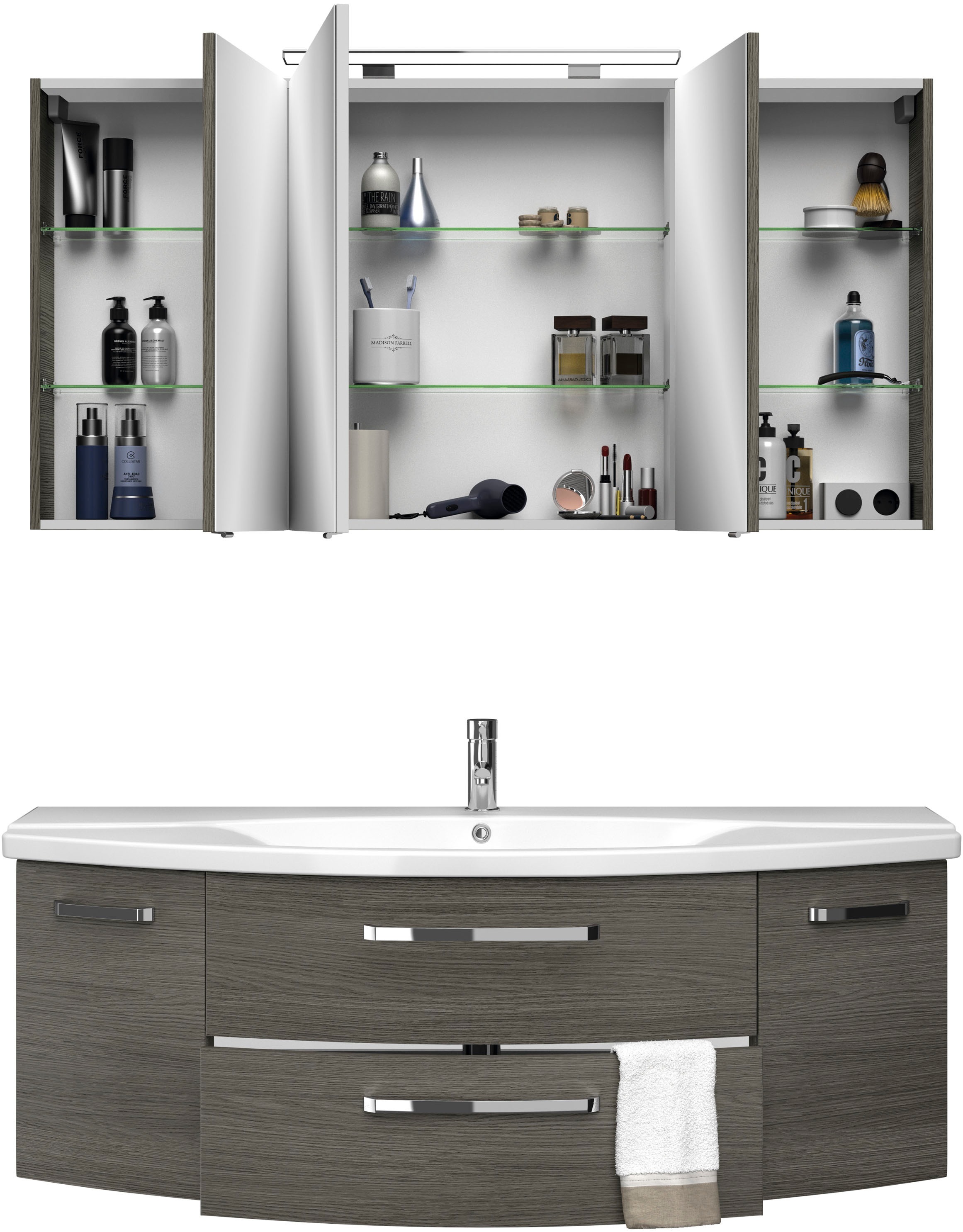 Saphir Badmöbel-Set »Serie 4010 2-teilig Keramik-Waschtisch mit LED-Spiegelschrank«, (Set), Badezimmer Set 144 cm breit, inkl. Türdämpfer, 5 Türen, 2 Schubladen