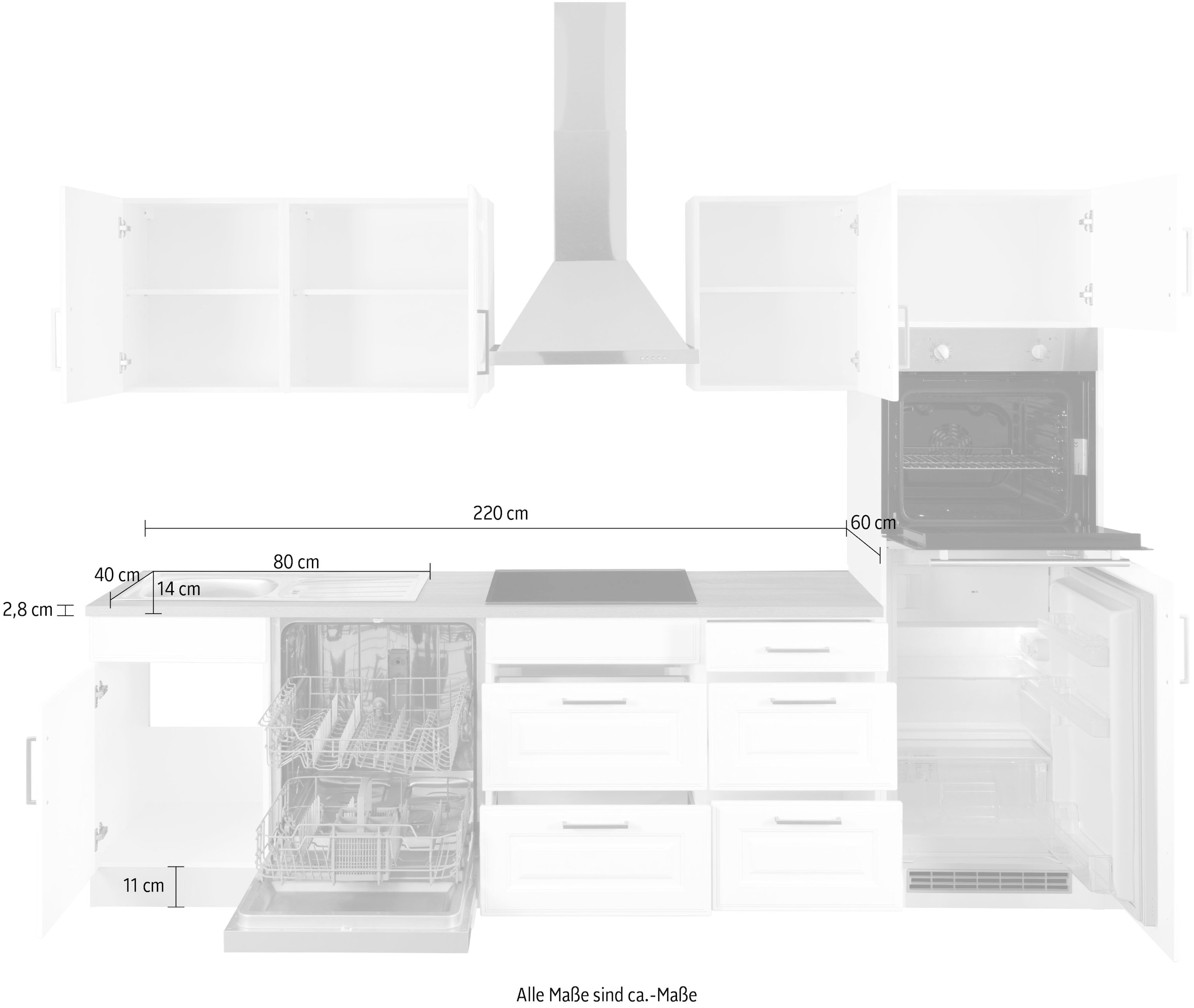 HELD MÖBEL Küchenzeile »KS-Stockholm«, Breite 280 cm, mit hochwertigen MDF Fronten im Landhaus-Stil