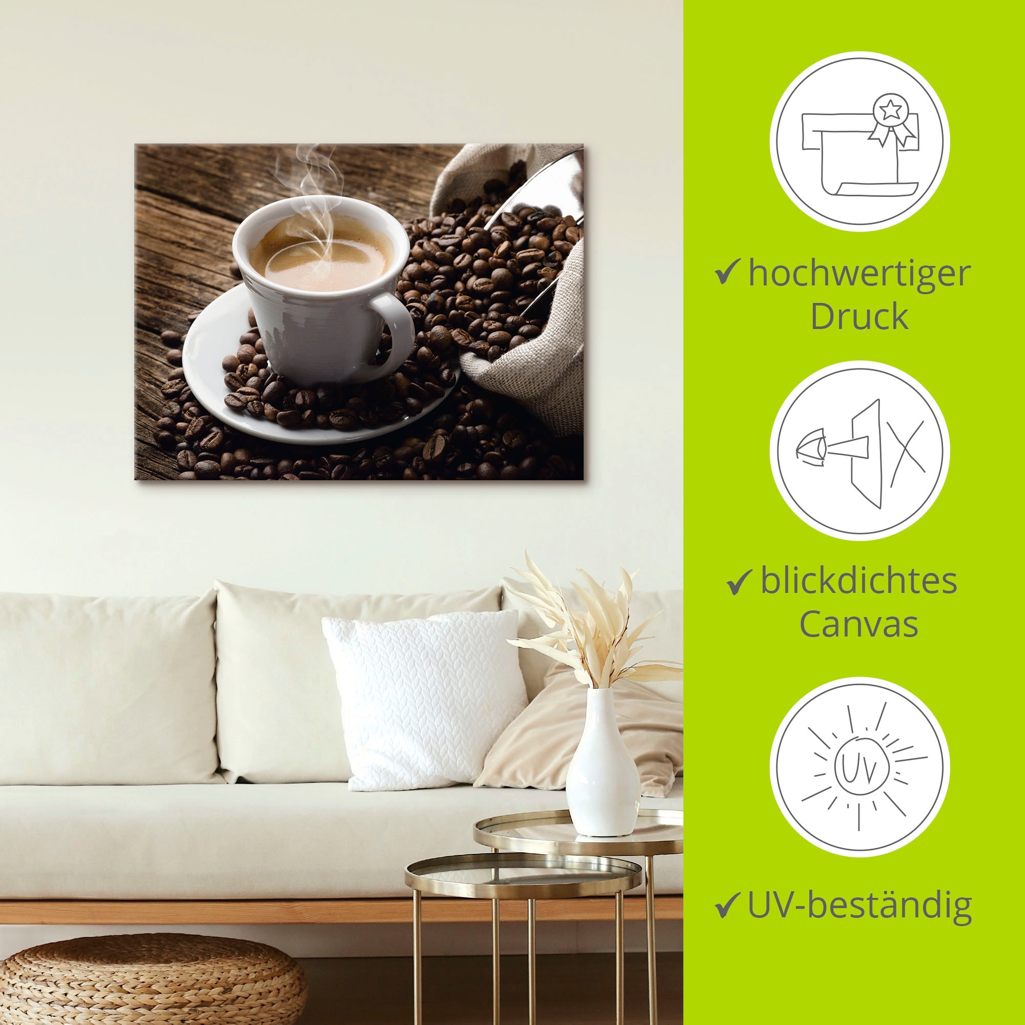 Artland Wandbild »Heißer Kaffee - dampfender Kaffee«, Getränke, (1 St.), als Alubild, Outdoorbild, Leinwandbild, Poster, Wandaufkleber