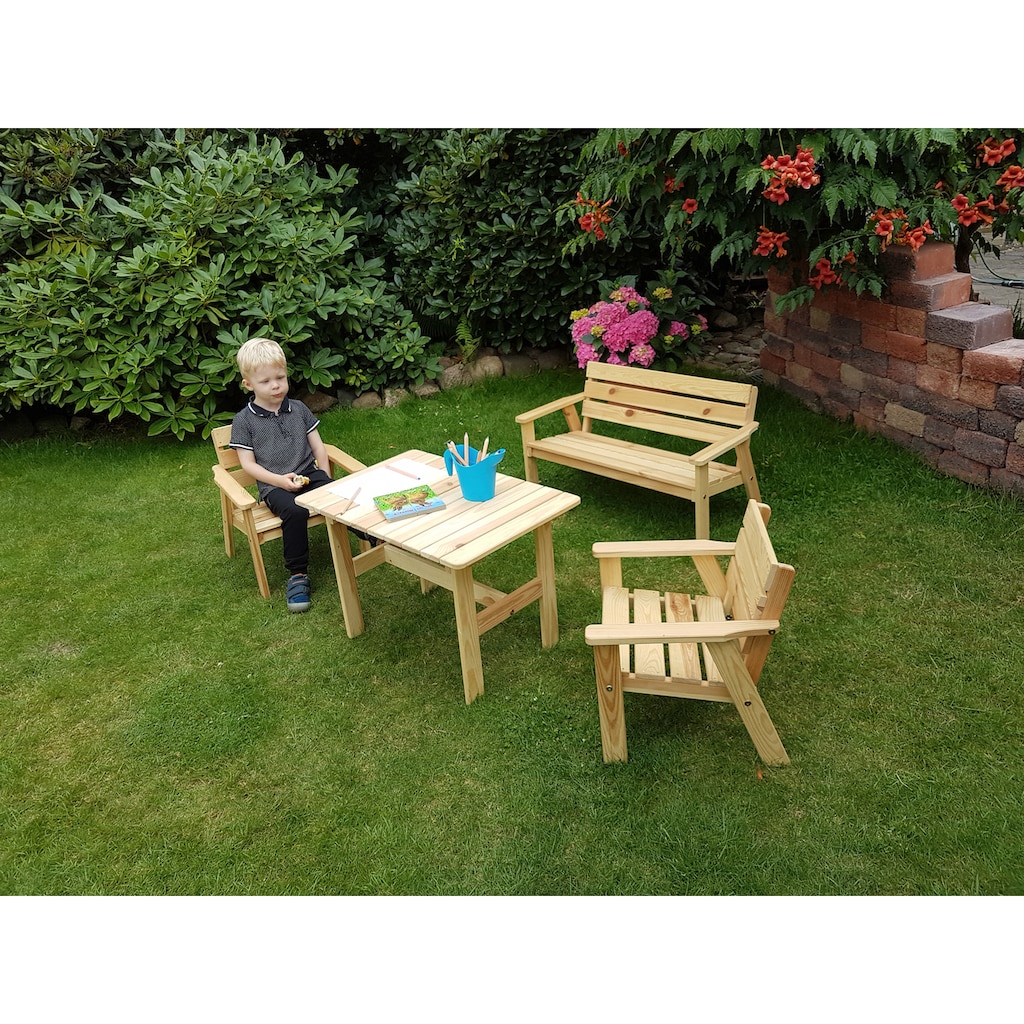 promadino Garten-Kindersitzgruppe »Fehmarn«, (4 tlg.), aus Kiefernholz, 1 Bank, 1 Tisch, 2 Stühle