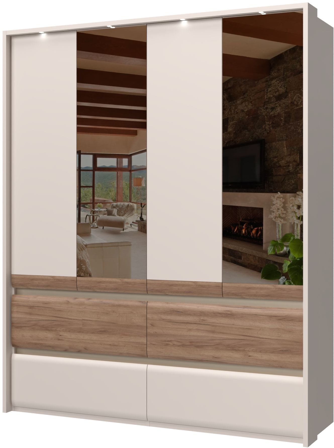 Places of Style Kleiderschrank »Invictus, UV lackiert, FSC-zertifiziert, grifflose Optik«, (abgerundete Schubladen aus MDF im Holzdekor, soft-close), mit Beleuchtung und Spiegel, in 4 Breiten, hoher Schrank (226cm)