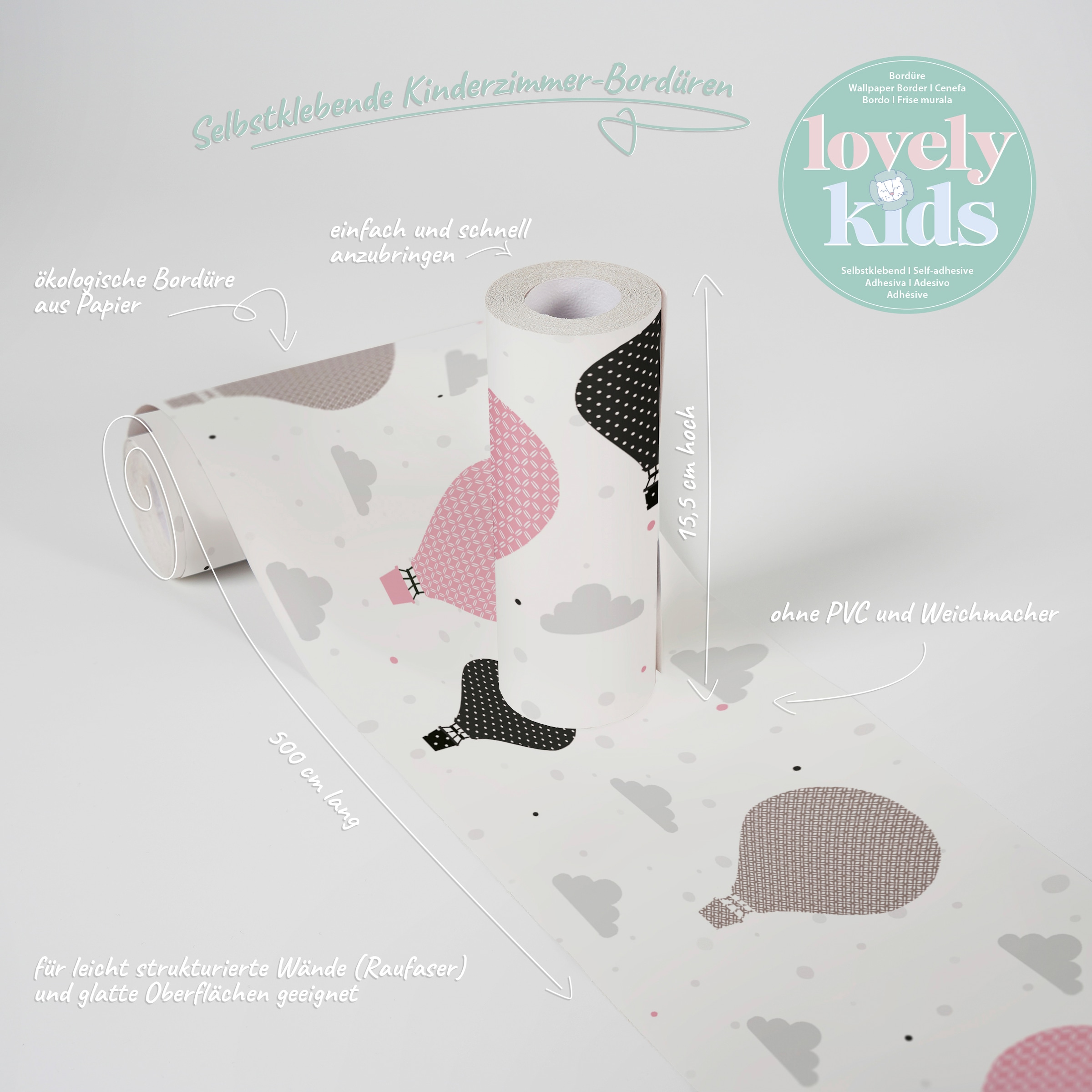 A.S. Création Bordüre »Cloud Balloons«, Motiv-abstrakt-naturalistisch, Heißluftballon Bordüre Tapete Kinder Borte modern Design Kinderzimmer