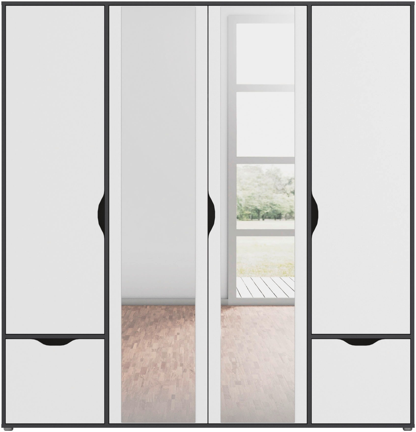 rauch Drehtürenschrank »Kleiderschrank Schrank Garderobe Wäscheschrank NARAI mit Schubladen«, (in 3 verschiedenen Ausstattungen BASIC/CLASSIC/PREMIUM), Griffausfräsungen für eine grifflose Optik TOPSELLER MADE IN GERMANY