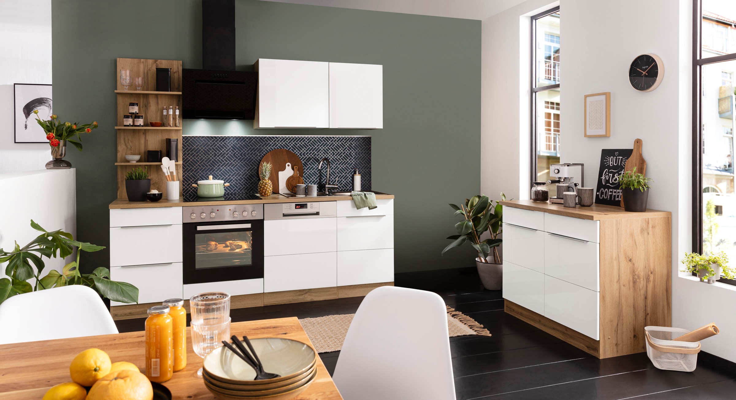 KOCHSTATION Küchenzeile »KS-Brindisi«, Breite 220 cm, wahlweise mit E-Geräten, mit MDF-Fronten und Regal