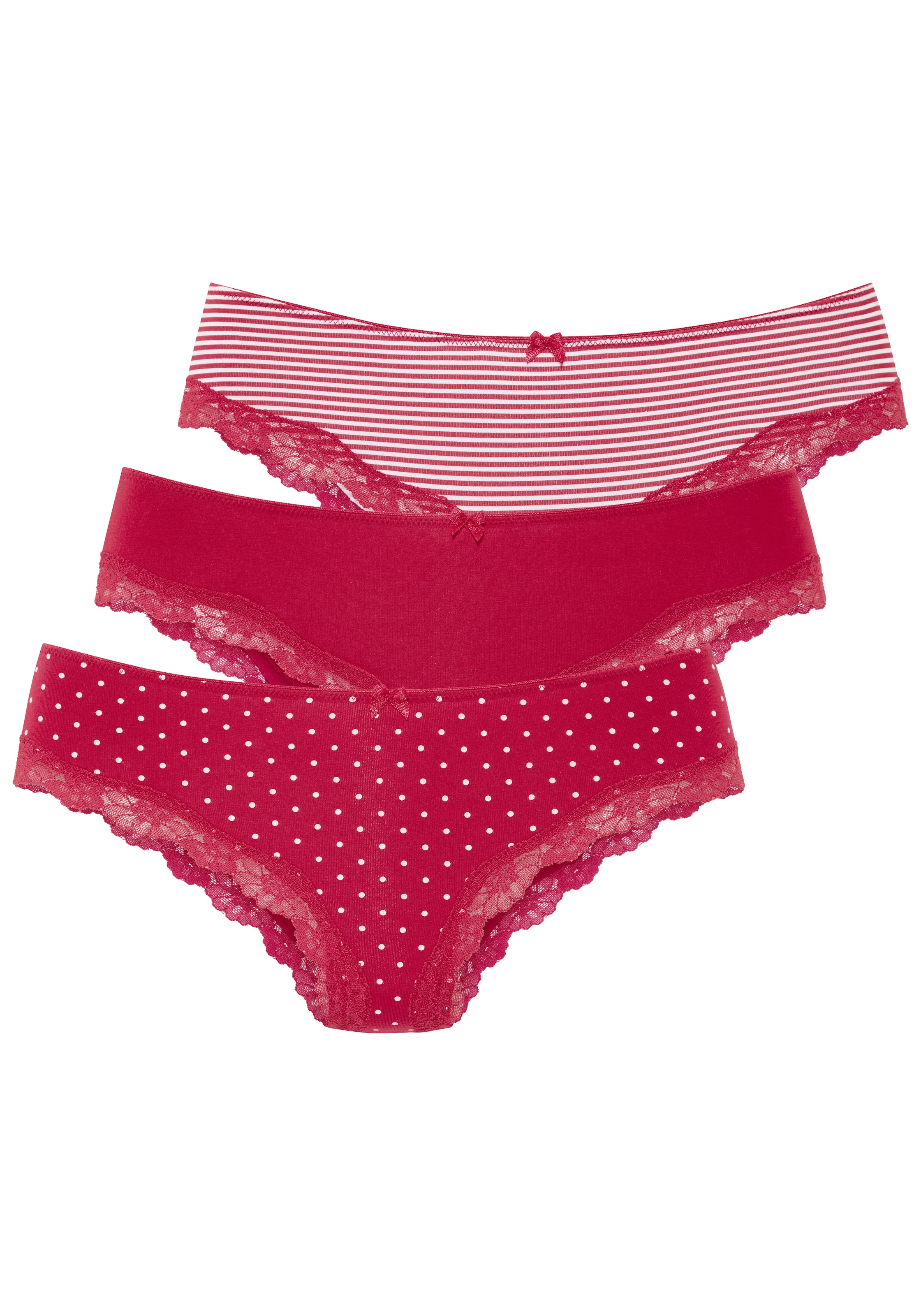 LASCANA Slip 3er-Pack,  aus elastischer Baumwolle mit zarter Spitze