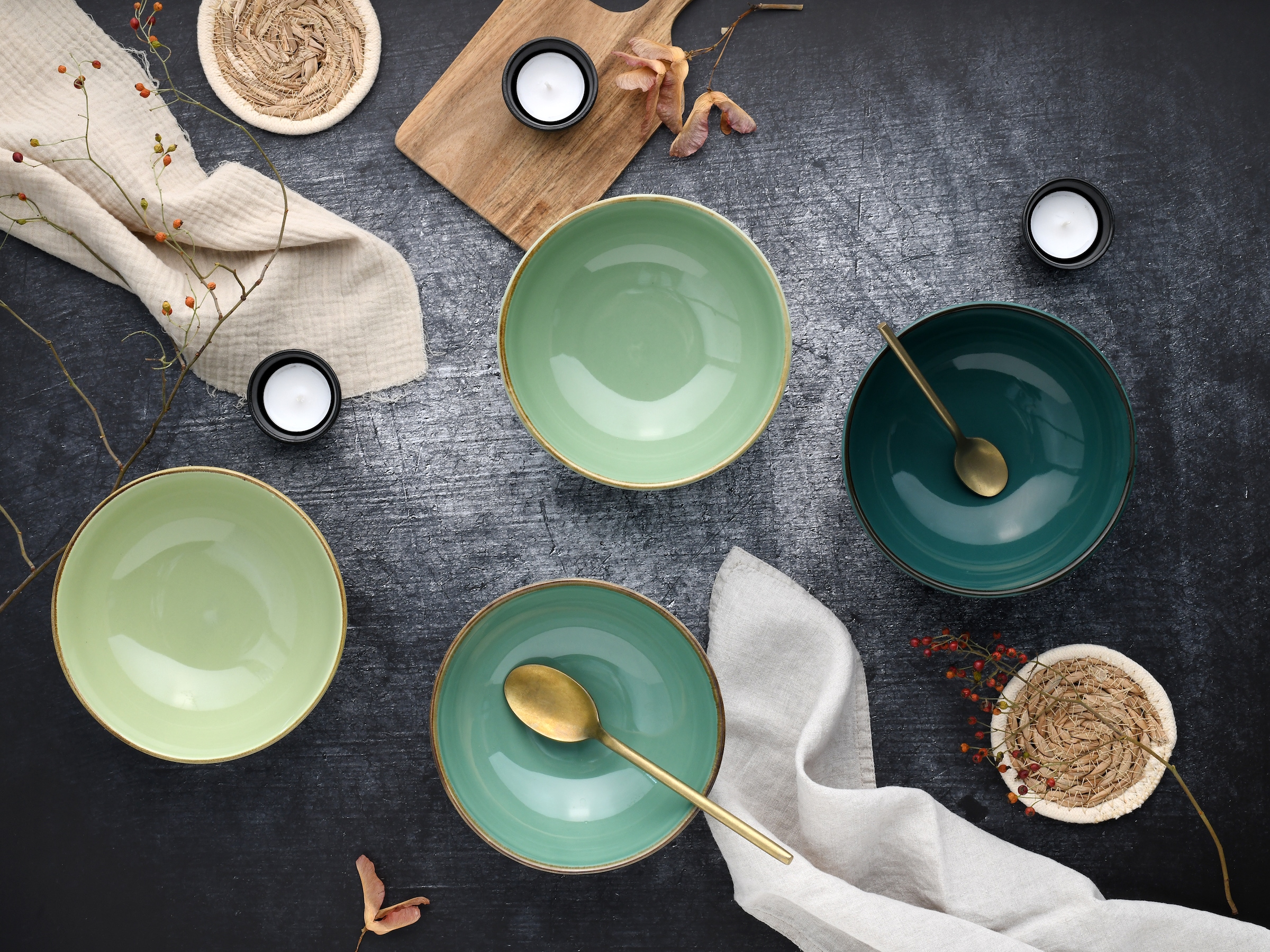 CreaTable Schale »Nature Collection, Smoothie Bowl 4-tlg«, 4 tlg., aus Steinzeug, Handwerklicher Look, Vintage