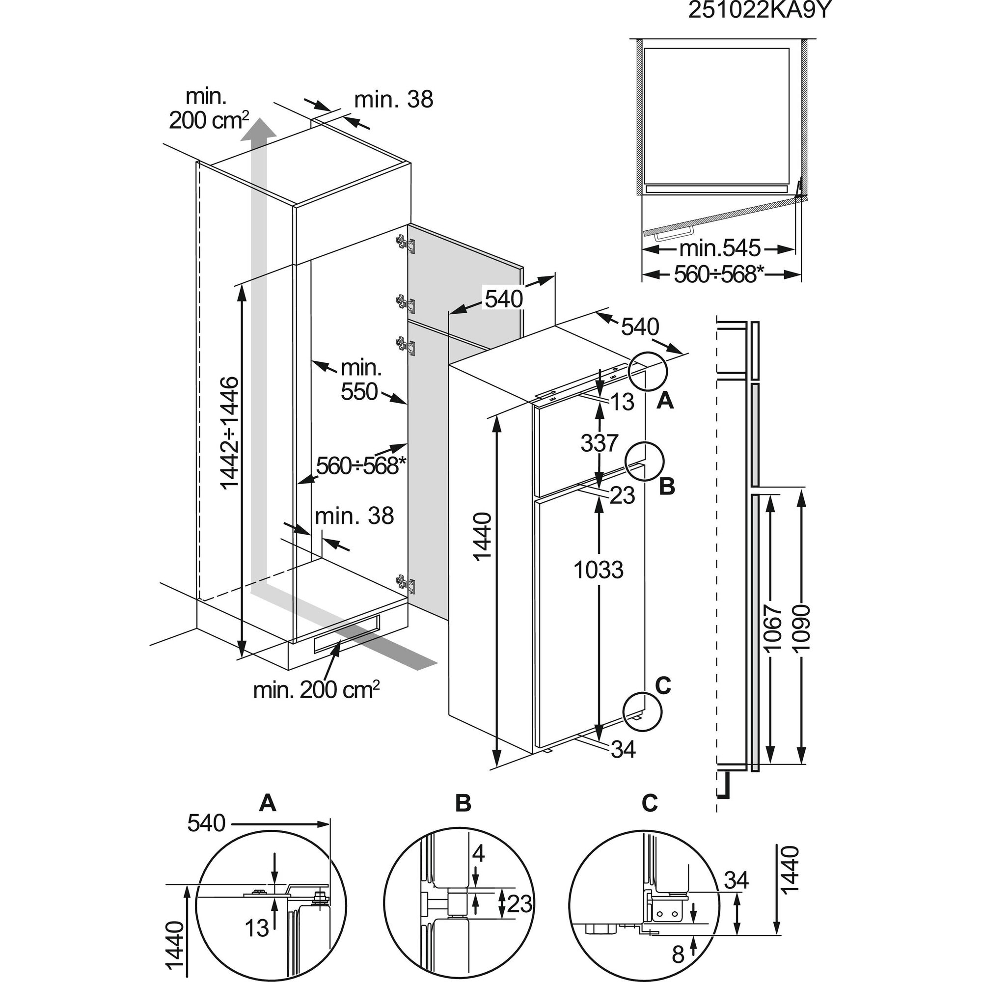 AEG Einbaukühlgefrierkombination 3000 »TD3SS141ES« 144 cm hoch 54 cm breit LowFrost – weniger Eisbildung im Gefrierfach für selteneres Abtauen