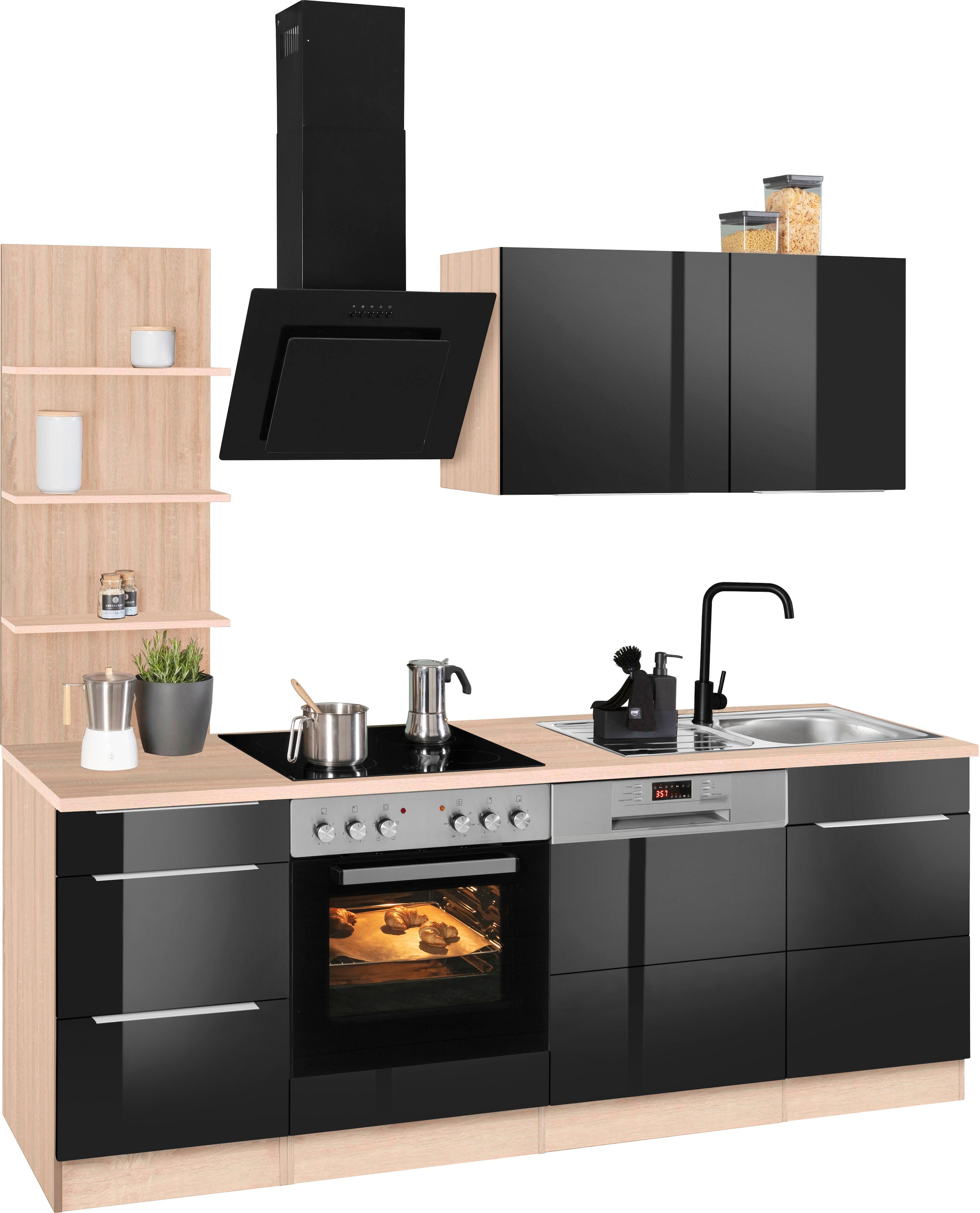 KOCHSTATION Küchenzeile »KS-Brindisi«, Breite 220 cm, wahlweise mit E-Geräten, mit MDF-Fronten und Regal