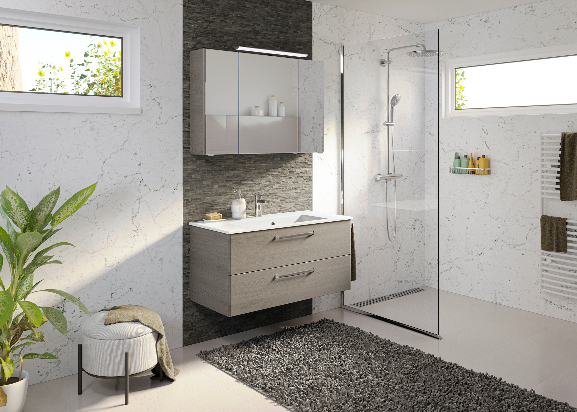 Saphir Badmöbel-Set »Trentino 2-tlg Mineralmarmor-Waschtisch, Spiegelschrank mit LED-Profil«, (3 St.), Badmöbel-Set 110cm breit, inkl. Türdämpfer, 3 Türen, 2 Auszügen