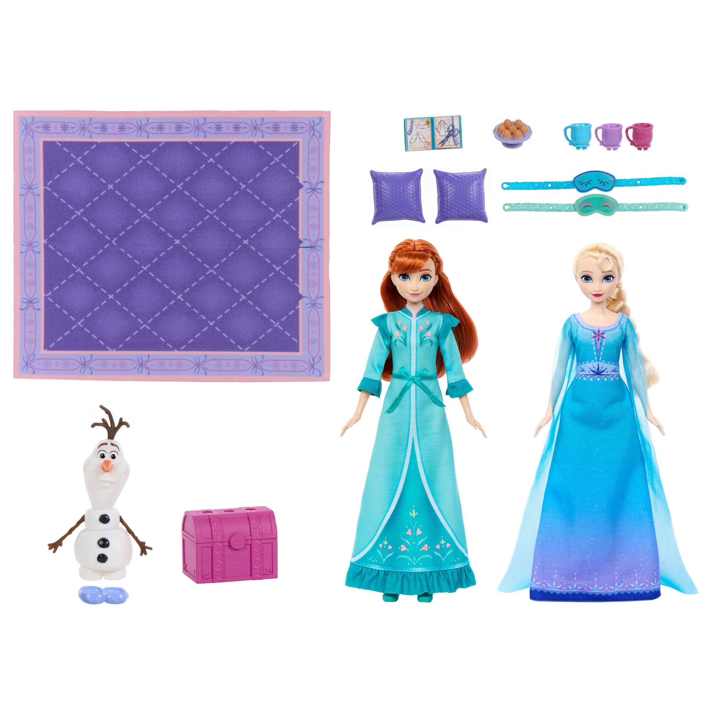 Mattel® Anziehpuppe »Disney Die Eiskönigin Schwestern-Pyjamaparty Set mit Anna- und Elsa« Modepuppen, Olaf-Figur und 14 Zubehörteilen
