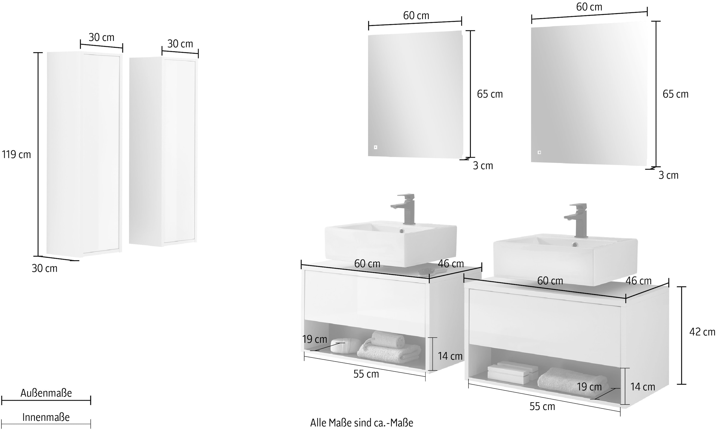 Places of Style Badmöbel-Set »Studio Line, Bad im modernen Design, 6-teiliges Badezimmer«, (6 St.), Schrank, Unterschrank und Spiegel, in zwei Farben verfügbar, Stauraum