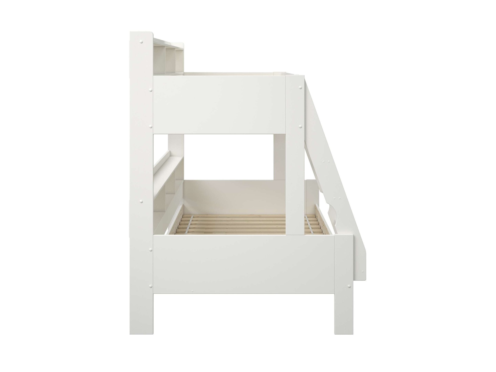 Lüttenhütt Etagenbett »Jaime II, Stockbett, viel Stauraum, mit Regalen, Massivholz mit MDF«, (Oberes Bett 90x200cm, unteres Bett 120x200cm), breite Liegefläche unten, FSC®, Made EU, 3. Schlafgelegenheit optional