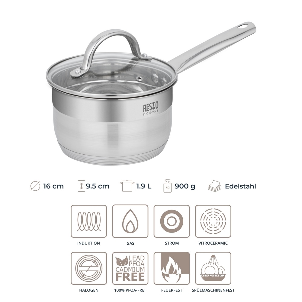 RESTO Kitchenware Kasserolle »Rigel, Soßentopf 1,9 l, energiesparend und spülmaschinenfest«, Edelstahl 18/10, (2 tlg.), mit hitzebeständigem Glasdeckel, im Geschenkkarton
