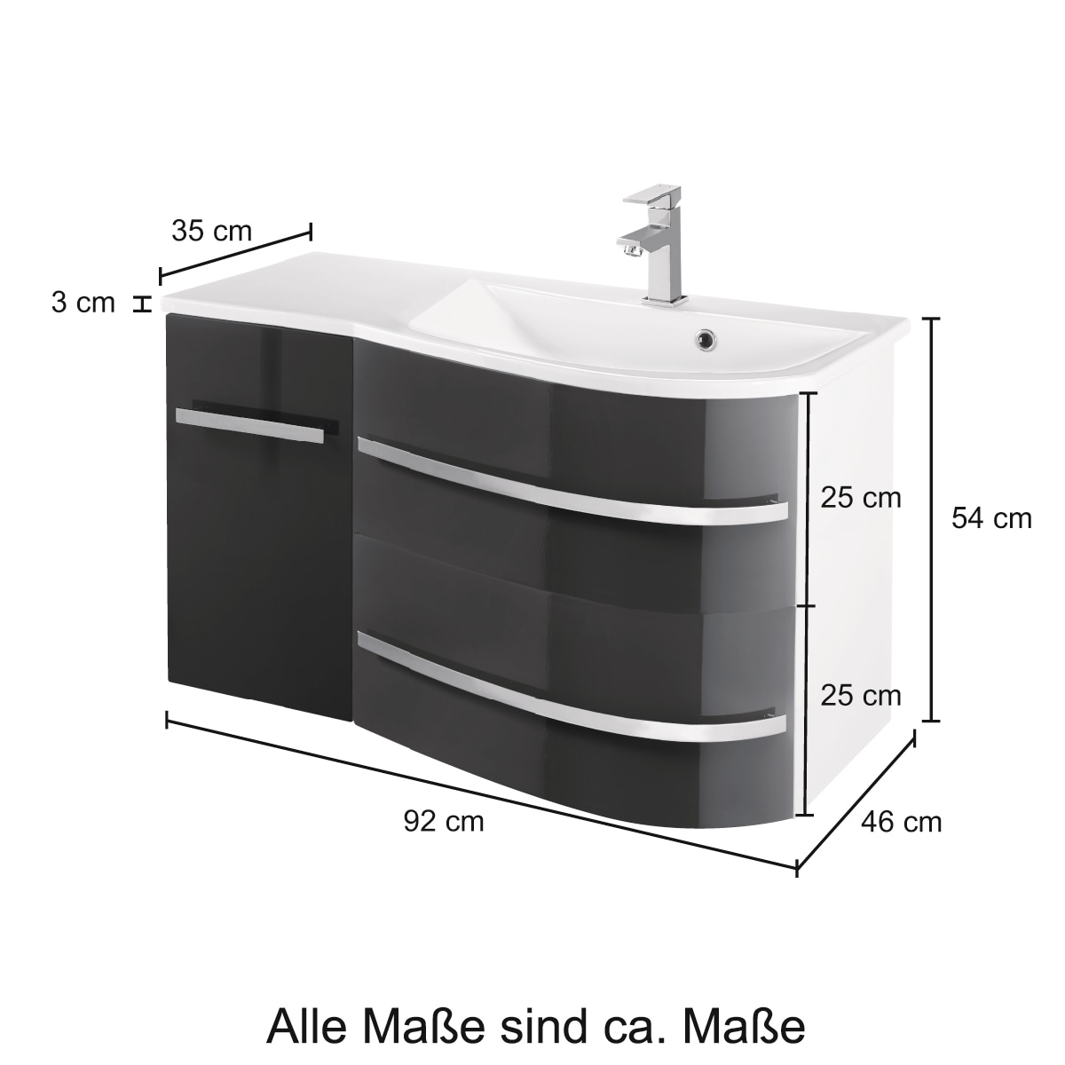 welltime Waschtisch »OSLO«, Breite 90 cm, Badmöbel mit geschwungener Front, Ablage links