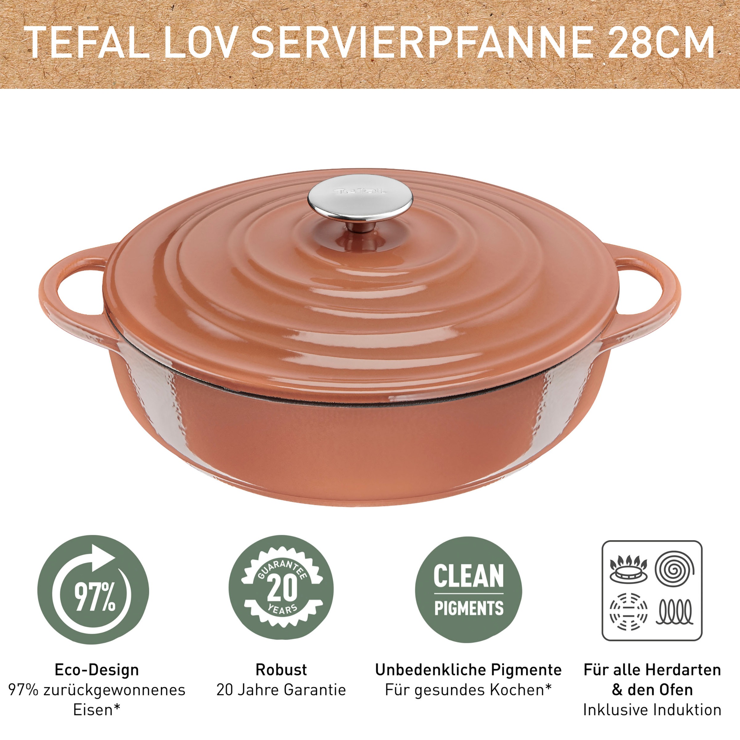 Tefal Servierpfanne »LOV«, Gusseisen, (1 tlg.), umweltfreundlich, inkl. E-Book, Ø 28cm, Induktion