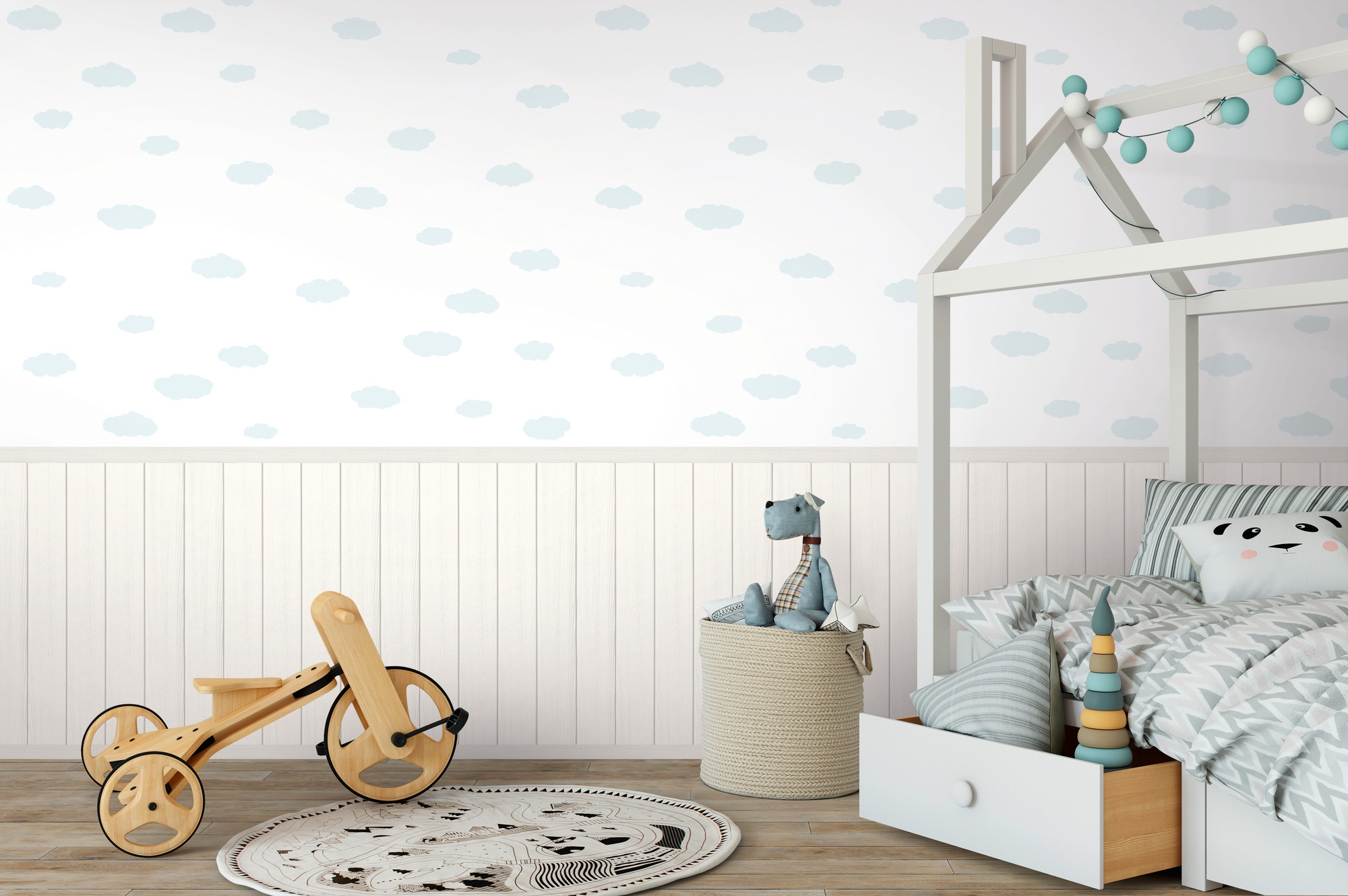 living walls Fototapete »Wallpanel Tapete Wandpaneele Motivtapete Wolken Landhaus«, matt, Vliestapete Kinderzimmer für Schlafzimmer Wohnzimmer Wandpaneele Flur