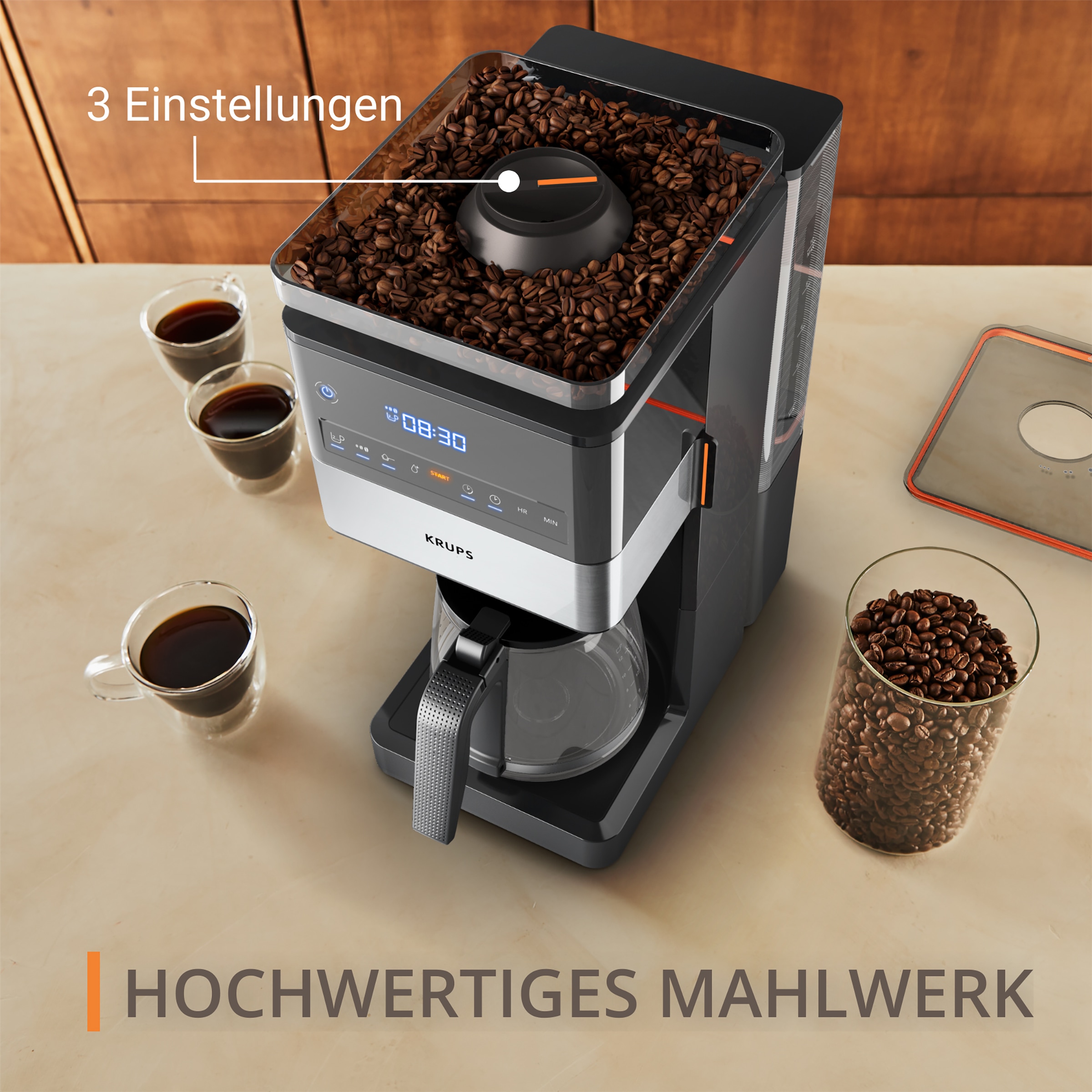 Krups Filterkaffeemaschine »KM8428 Grind Aroma XL«, 1,5 l Kaffeekanne, Papierfilter-Permanentfilter, 1x4, Kegelmahlwerk, digitales Bedienfeld, 1,5 l, 2 h Warmhaltefunktion