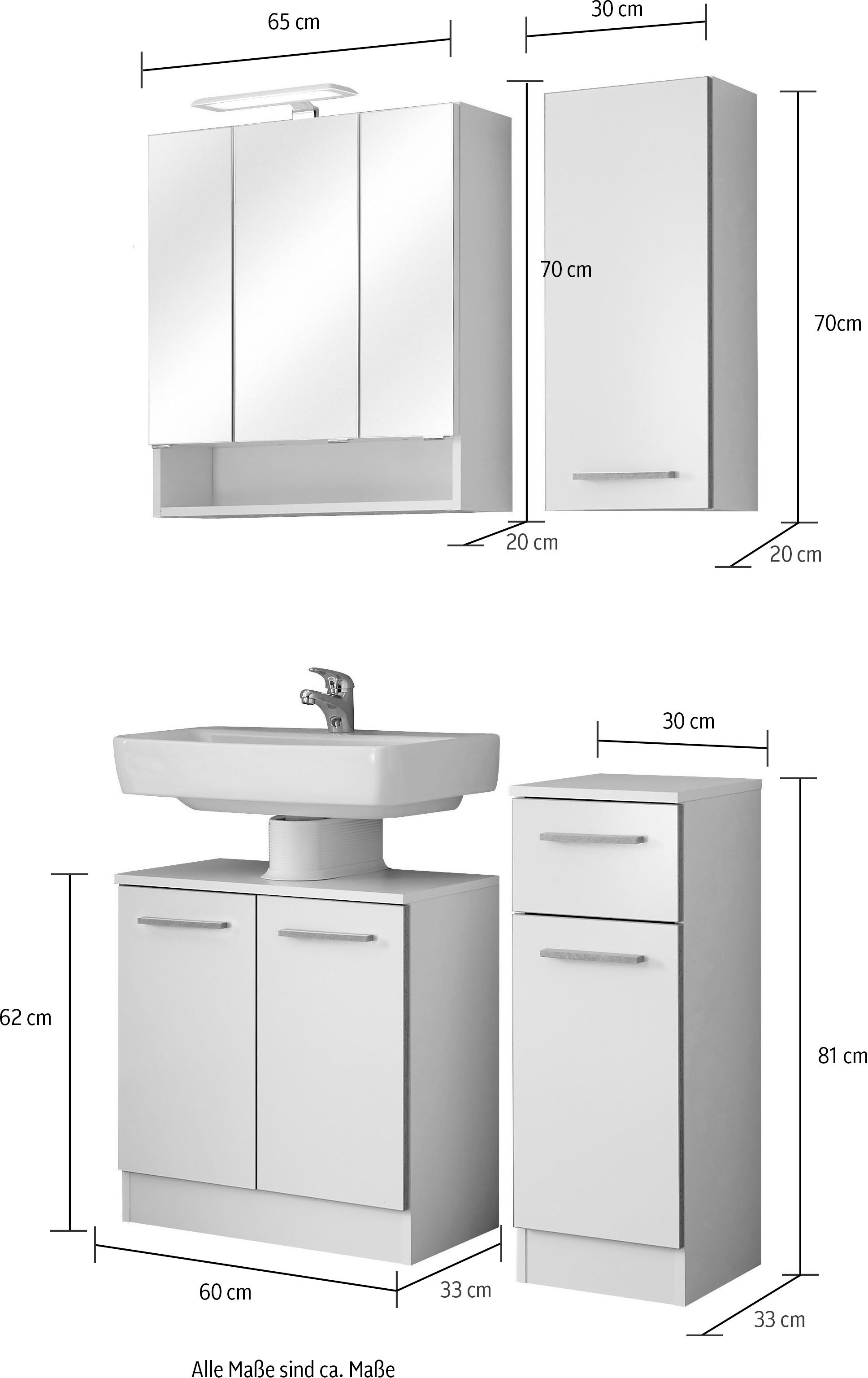 Saphir Badmöbel-Set »Quickset 953 4-teilig, Waschbeckenunterschrank und LED-Spiegelschrank«, (Set, 4 St.), in Weiß Glanz, Badmöbel inkl. Türdämpfer, ohne Waschbecken, 7 Türen