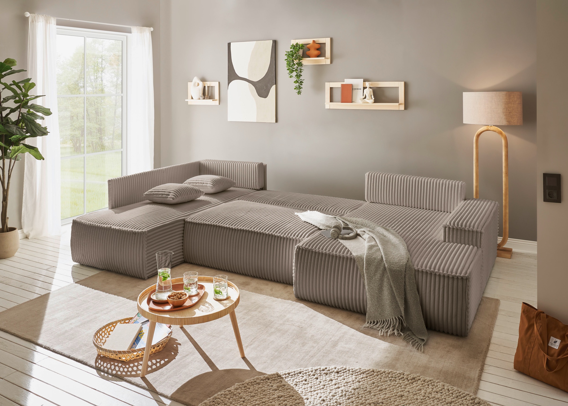 andas Wohnlandschaft »FINNLEY U-Form XXL 329 cm, Schlafsofa, Schlaffunktion m. Bettkasten«, (194/139 cm), Bouclé, Struktur und Cord