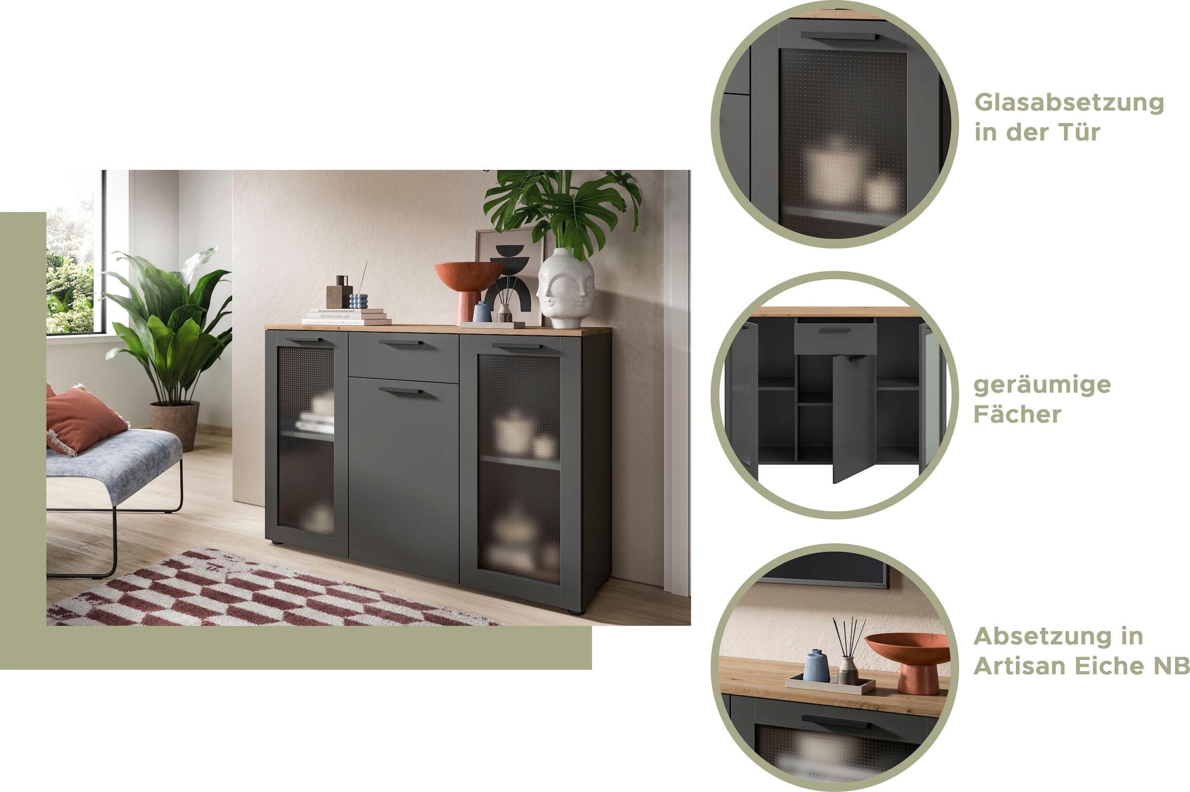 INOSIGN Kommode »SALKIN, Breite 78cm, 2 Türen mit ESG Ornamentglas, 1 Schubkasten«, Anrichte, Schrank, Sideboard,Vitrine, Vitrinenschrank Wohnmöbel