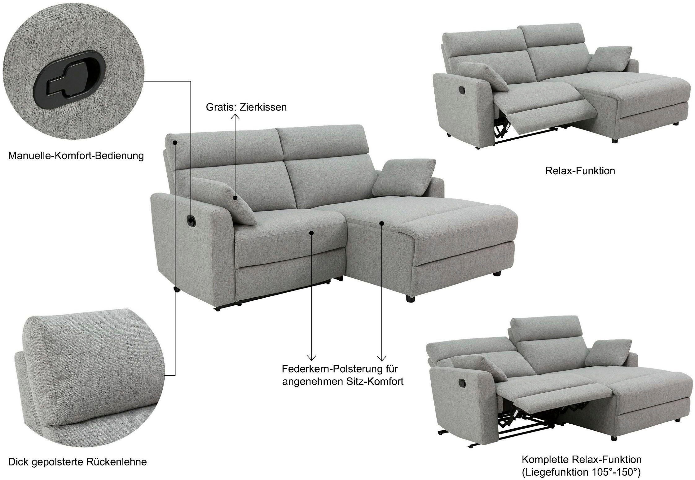 INOSIGN Ecksofa »JENNA, L-Form,  209cm, manuelle u. elektrische Funktion, mit USB A/C,« Liegefunktion 105°-150°, Federkern, Cord