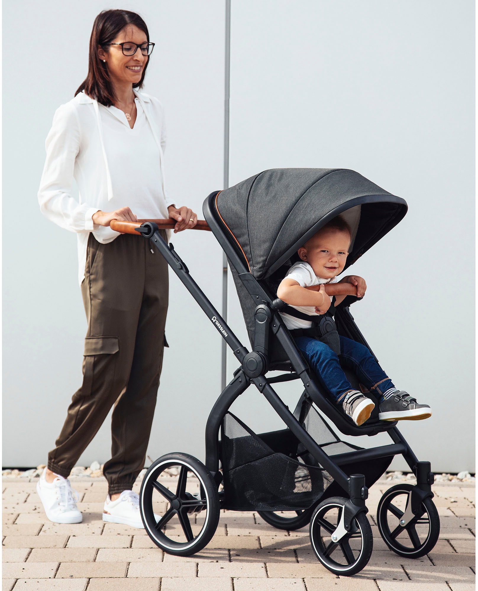 Gesslein Kombi-Kinderwagen »FX4 Soft+ mit Aufsatz Life, schwarz/cognac, dark olive«, mit Babywanne C3 und Babyschalenadapter