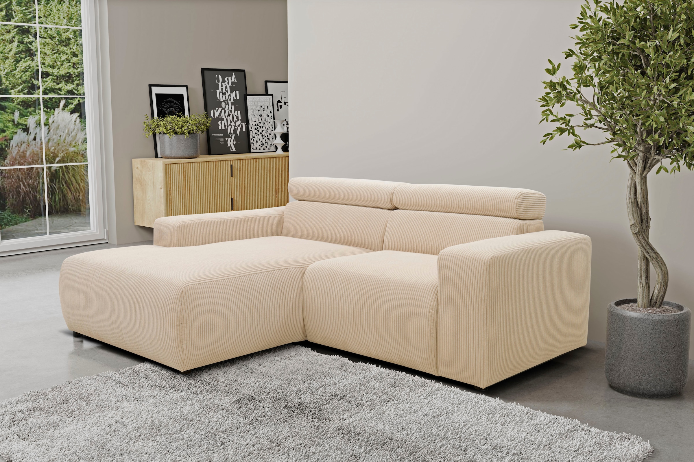 DOMO collection Ecksofa »Brandon B/T: 214/100 cm, belastbar bis 140kg/ Sitz, L-Form«, Cord, creme