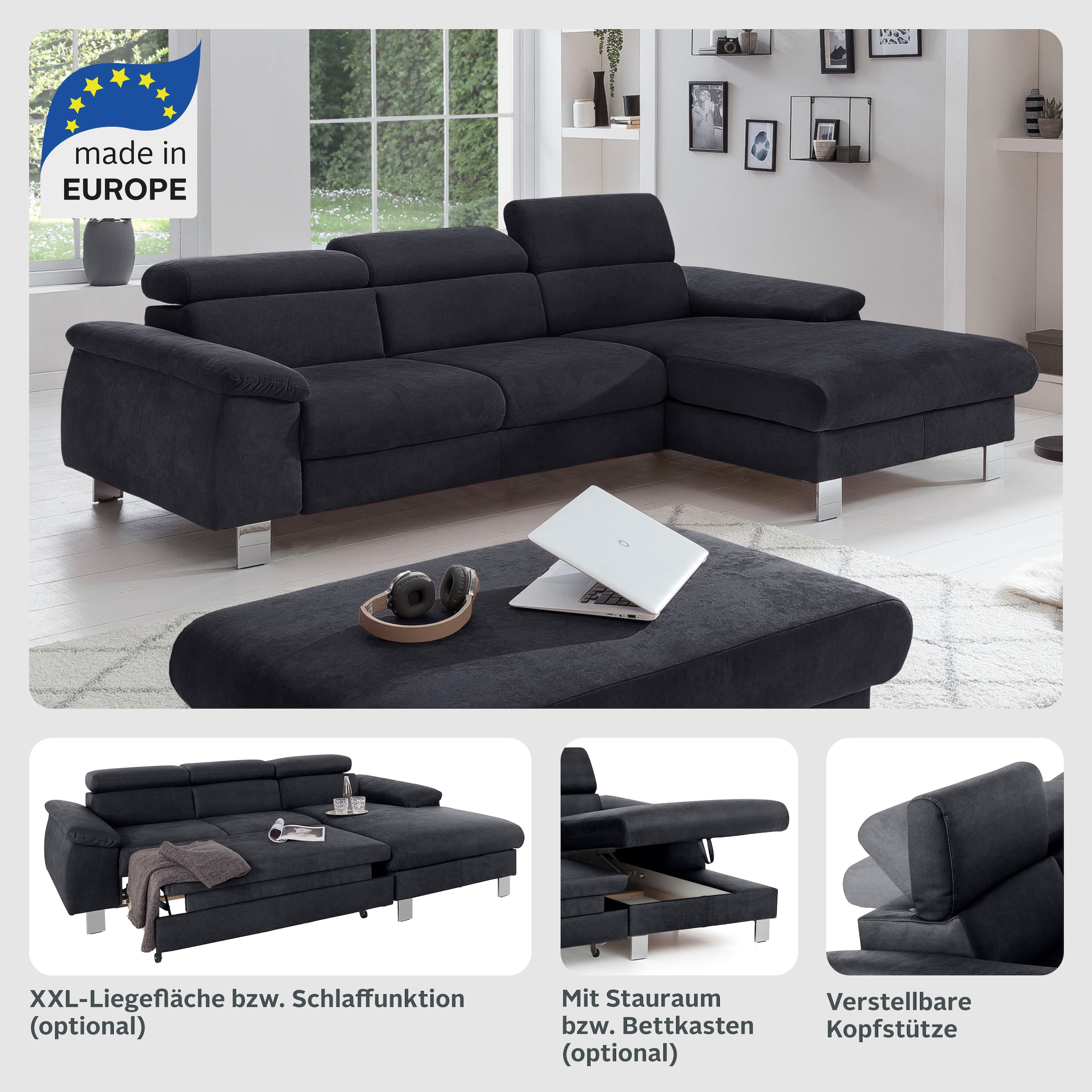 COTTA Ecksofa »Komaris L-Form, B: 244 cm« mit Kopfteilverstellung, optional Bettfunktion, Bettkasten & Licht
