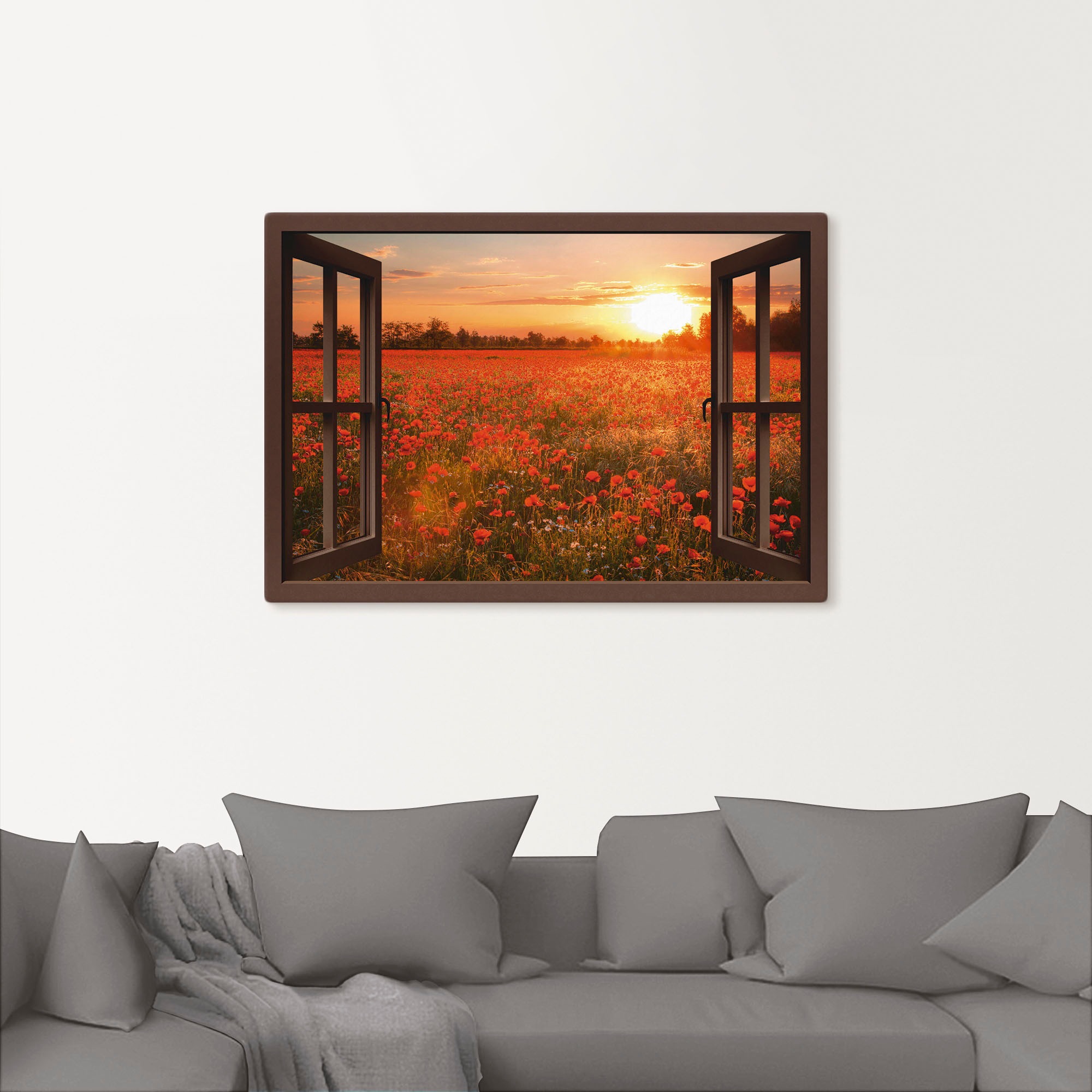 Artland Leinwandbild »Fensterblick Mohnblumenfeld - braun« 1 Stk. tlg. auf günstig online kaufen