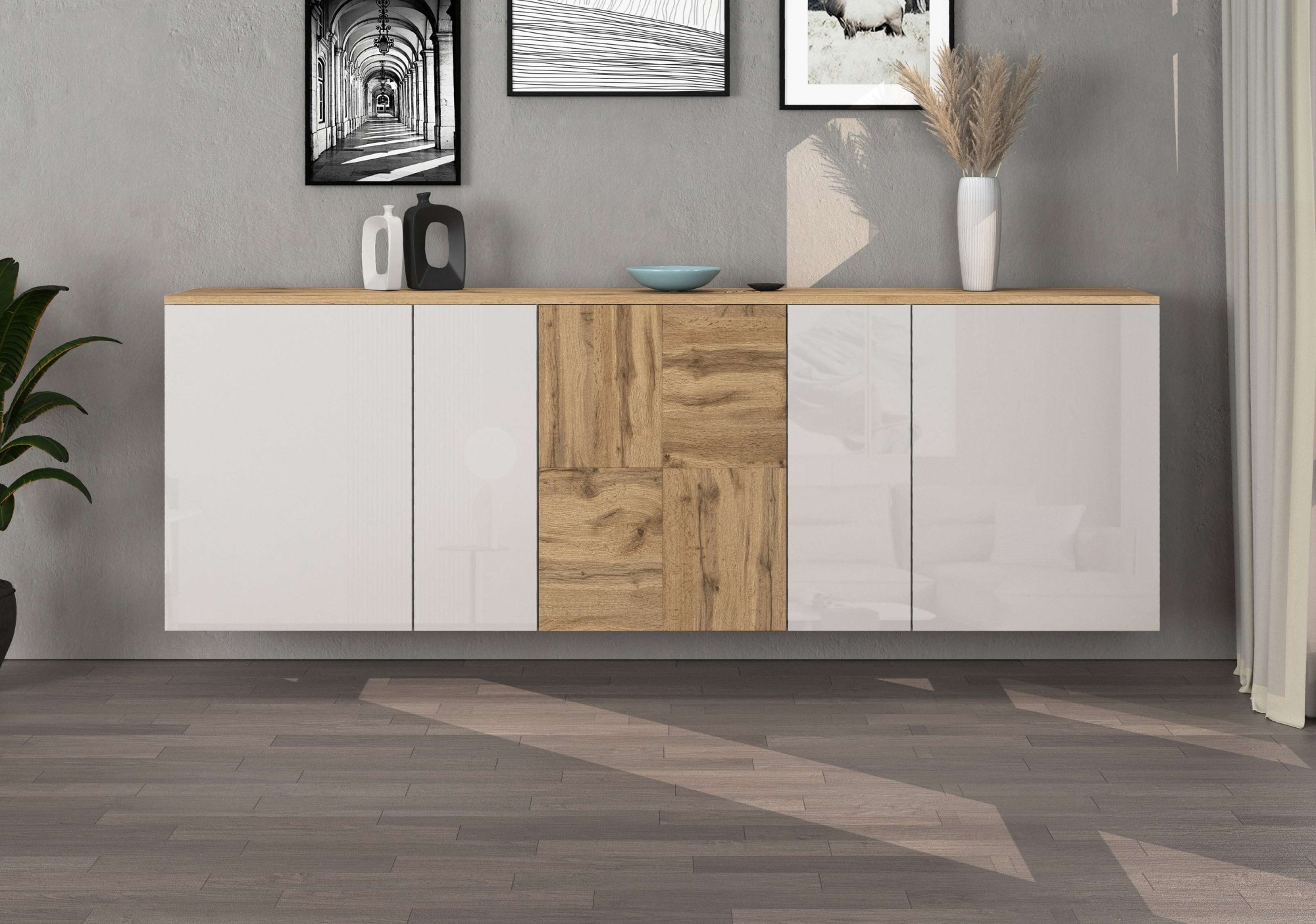 INOSIGN Sideboard »Sideboard ISEO, Kommode, Schrank, Kredenz« 1 Stk. tlg. stehend/hängend, 5 Türen HG lackiert, 6 Fächer, B 200 cm