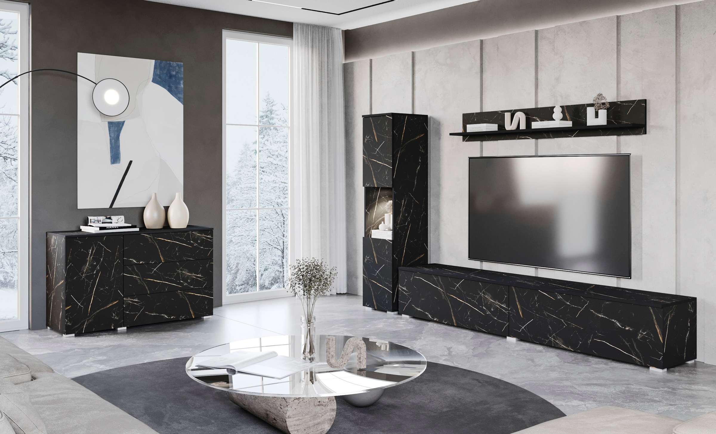 INOSIGN Wohnwand »PARIS, Vitrine Türanschlag links/rechts wechselbar«, (Komplett-Set, 3 St.), grifflose Design, stehend und hängend montierbar
