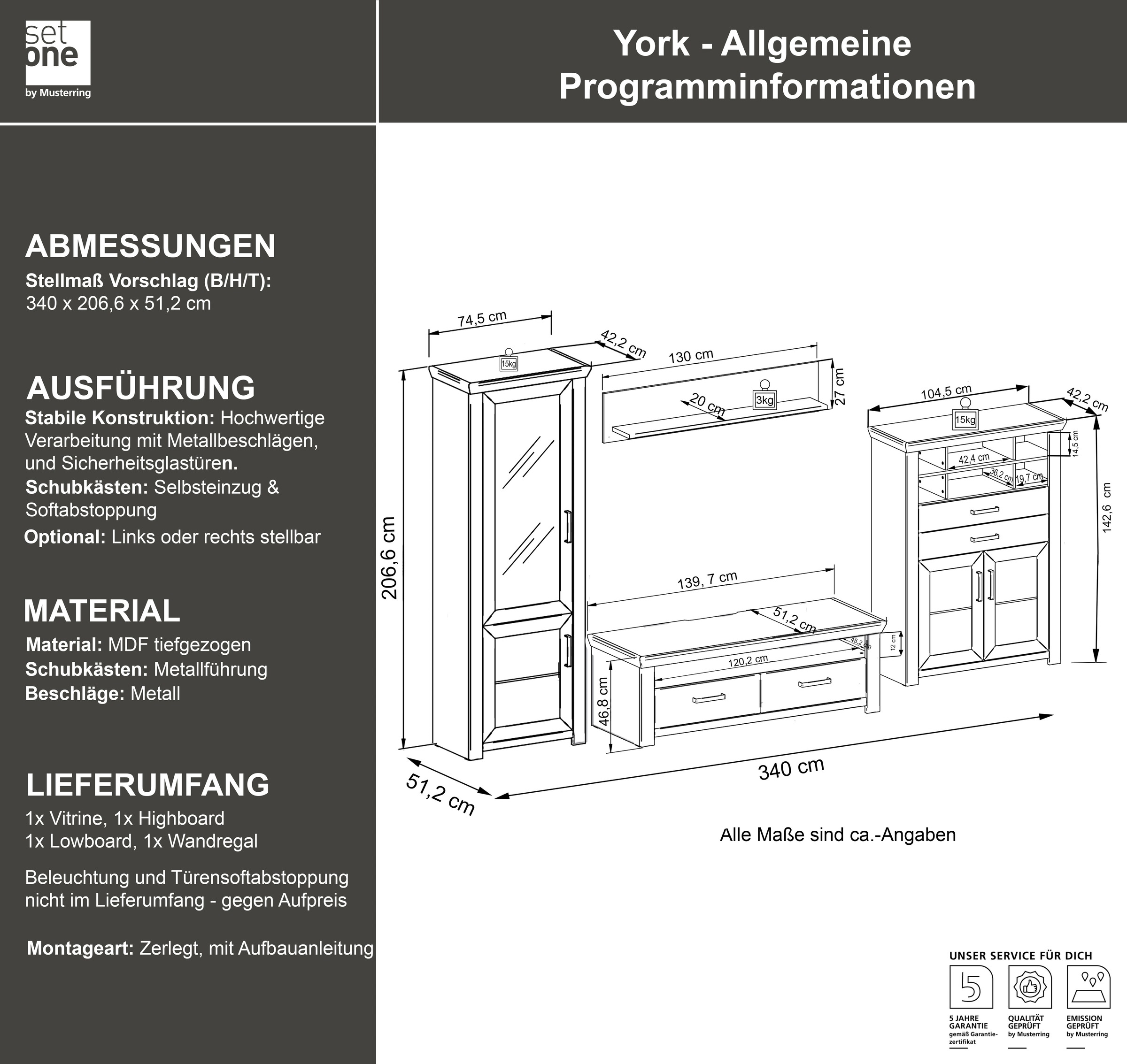 set one by Musterring Wohnwand »York«, (4 St.), Kombination 23, in 3 Farbvarianten, Gesamtbreite 314 cm