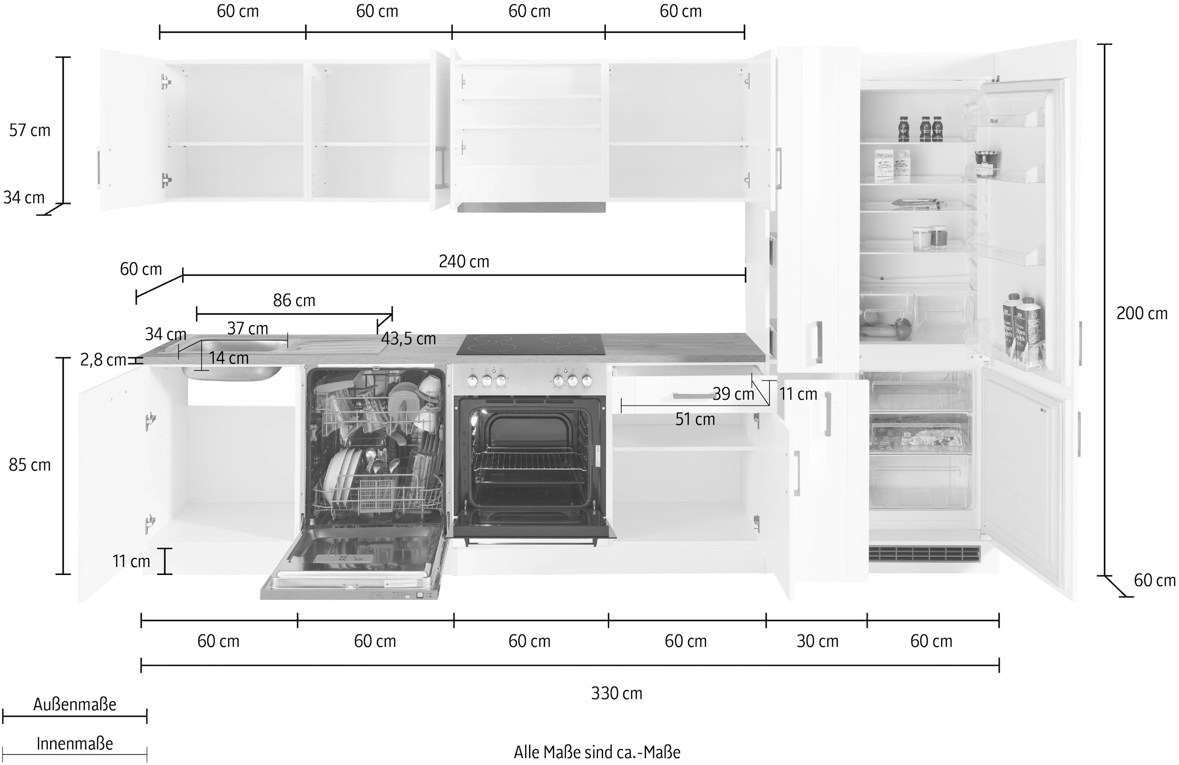 KOCHSTATION Küchenzeile »KS-Tinnum«, mit E-Geräten, Breite 330 cm