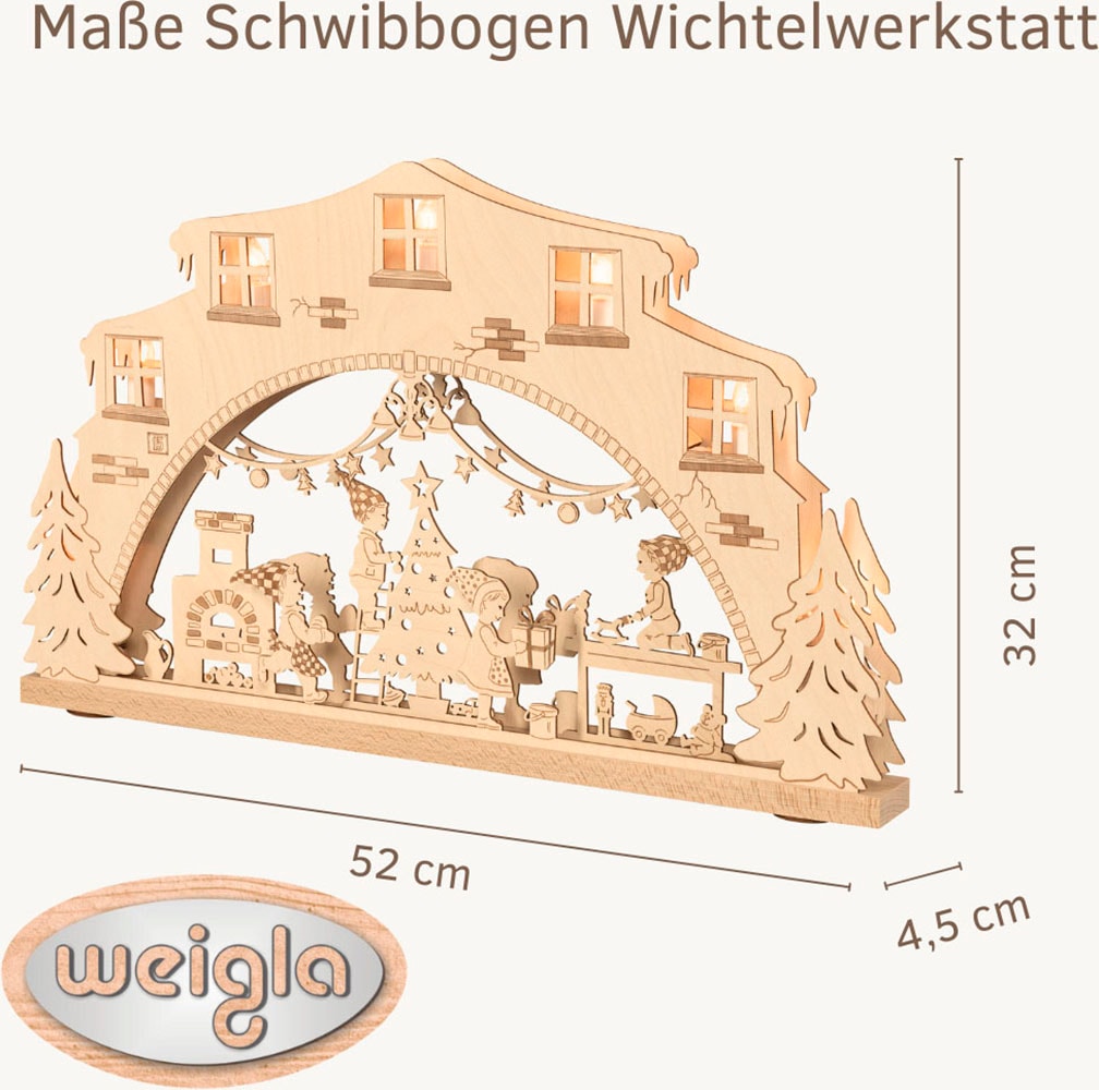 Weigla LED Schwibbogen »Wichtelwerkstatt, Lichterbogen aus Holz, NATUR«, Erzgebirge garantiert, Weihnachtsdeko Innen, Weihnachtsbeleuchtung