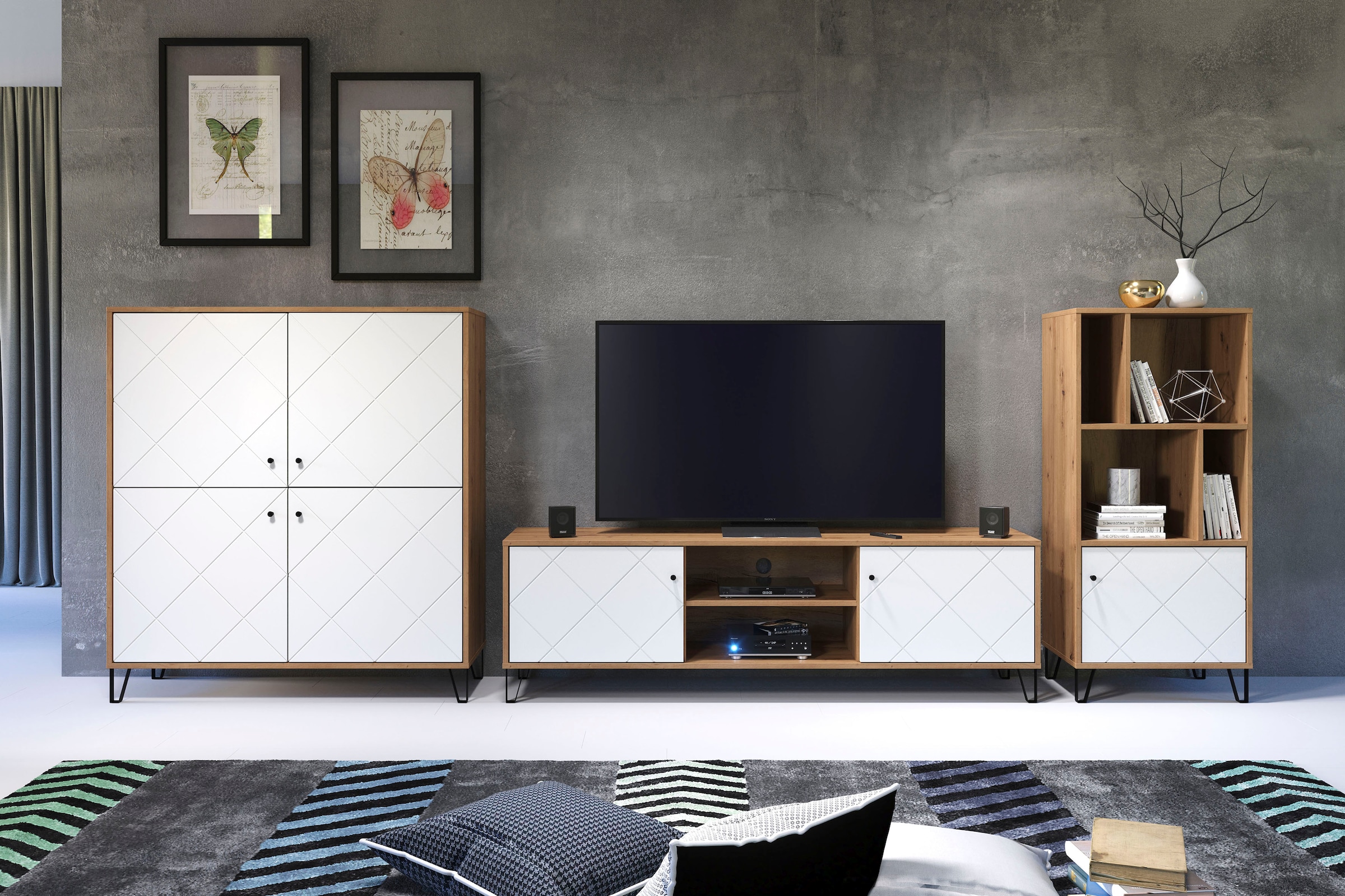 Places of Style Highboard »Tarragona«, Stauraumschrank, Fräsungen in Rautenoptik, 8 Fächer, Breite 123 cm