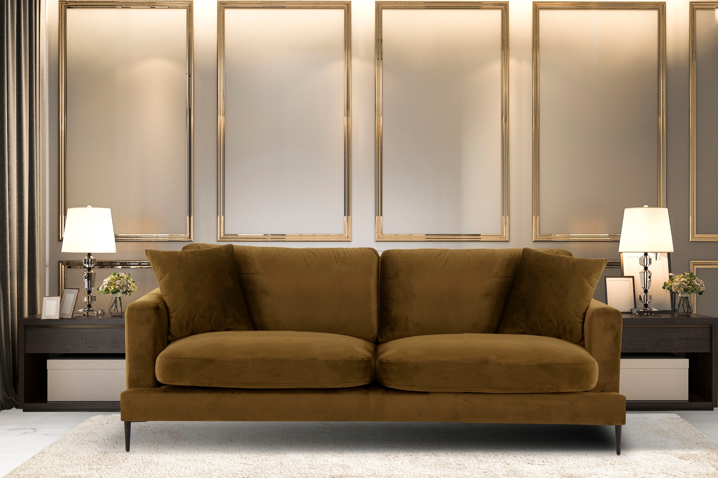 Leonique 3-Sitzer »Cozy elegantes Designsofa, Maße B/T/H: 211/97/80 cm«, mit losen Kissen und Metallbeinen
