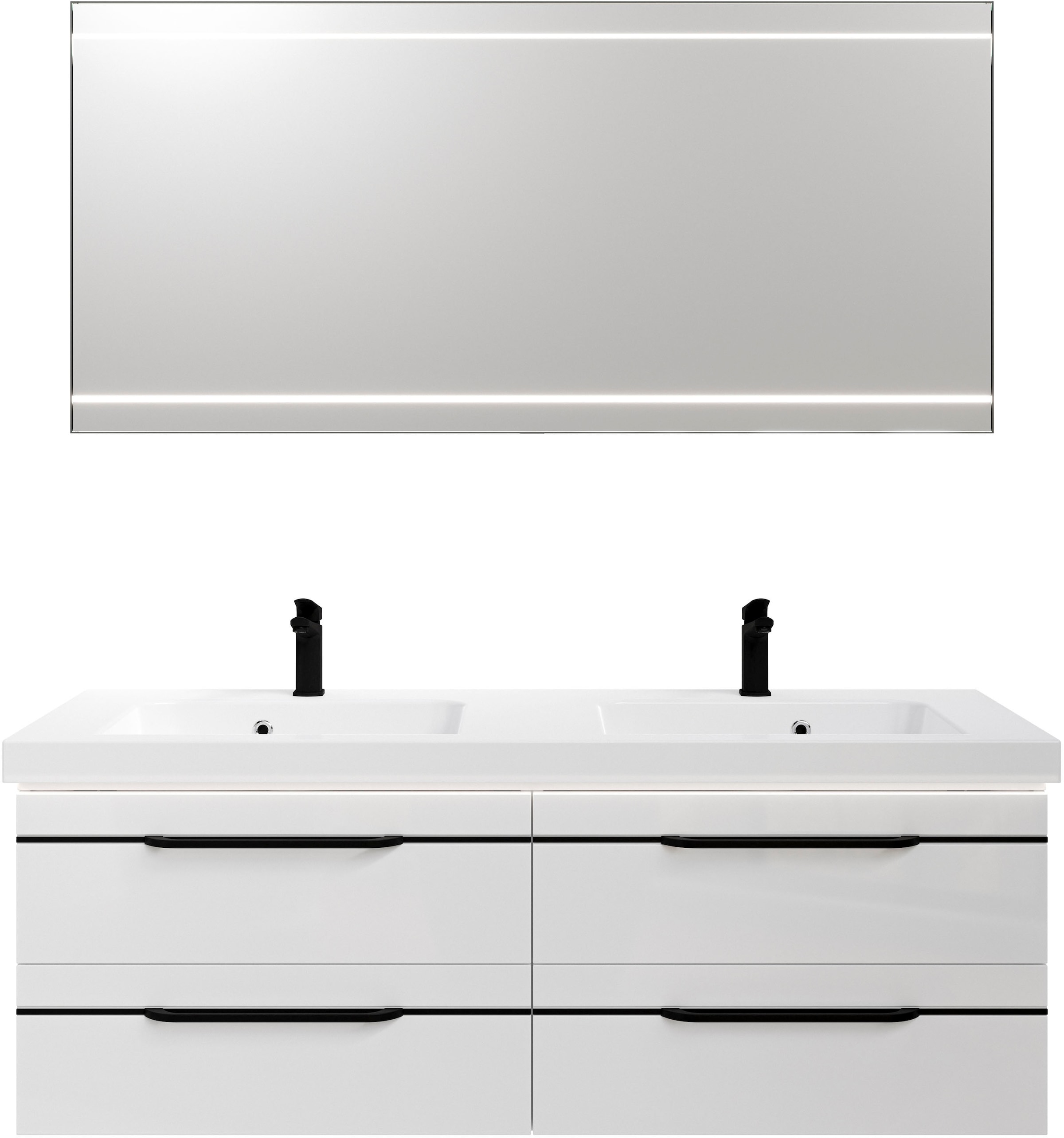 Saphir Badmöbel-Set »Balto 2-teilig Mineralmarmor-Doppelwaschtisch mit LED-Spiegel«, (2 St.), Waschplatz 150 cm breit, 4 Schubladen, inkl. Schubladendämpfer