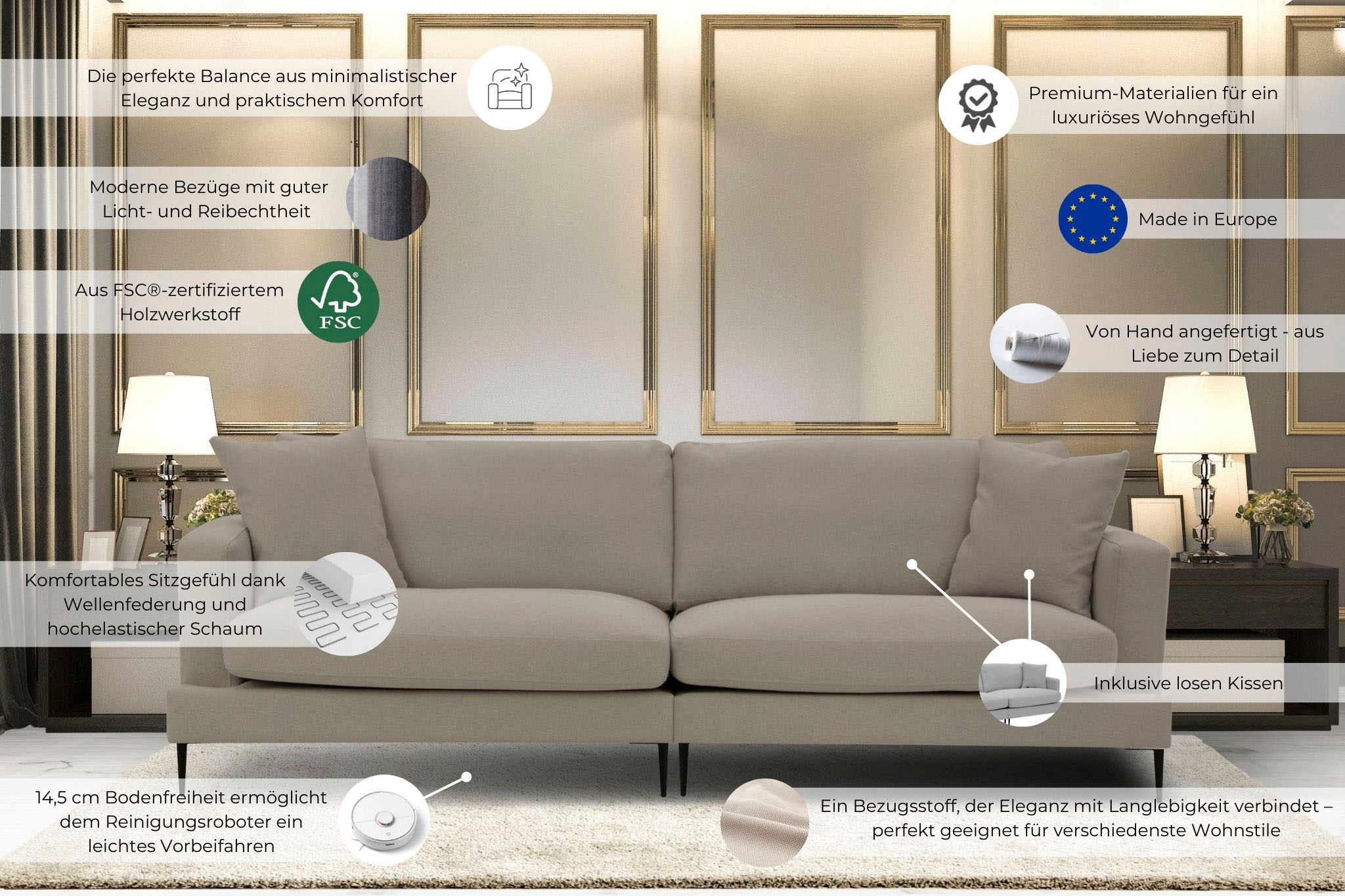 Home affaire Big-Sofa »Cozy elegantes Designsofa, Maße B/T/H: 252/97/80 cm« mit losen Kissen und Metallbeinen