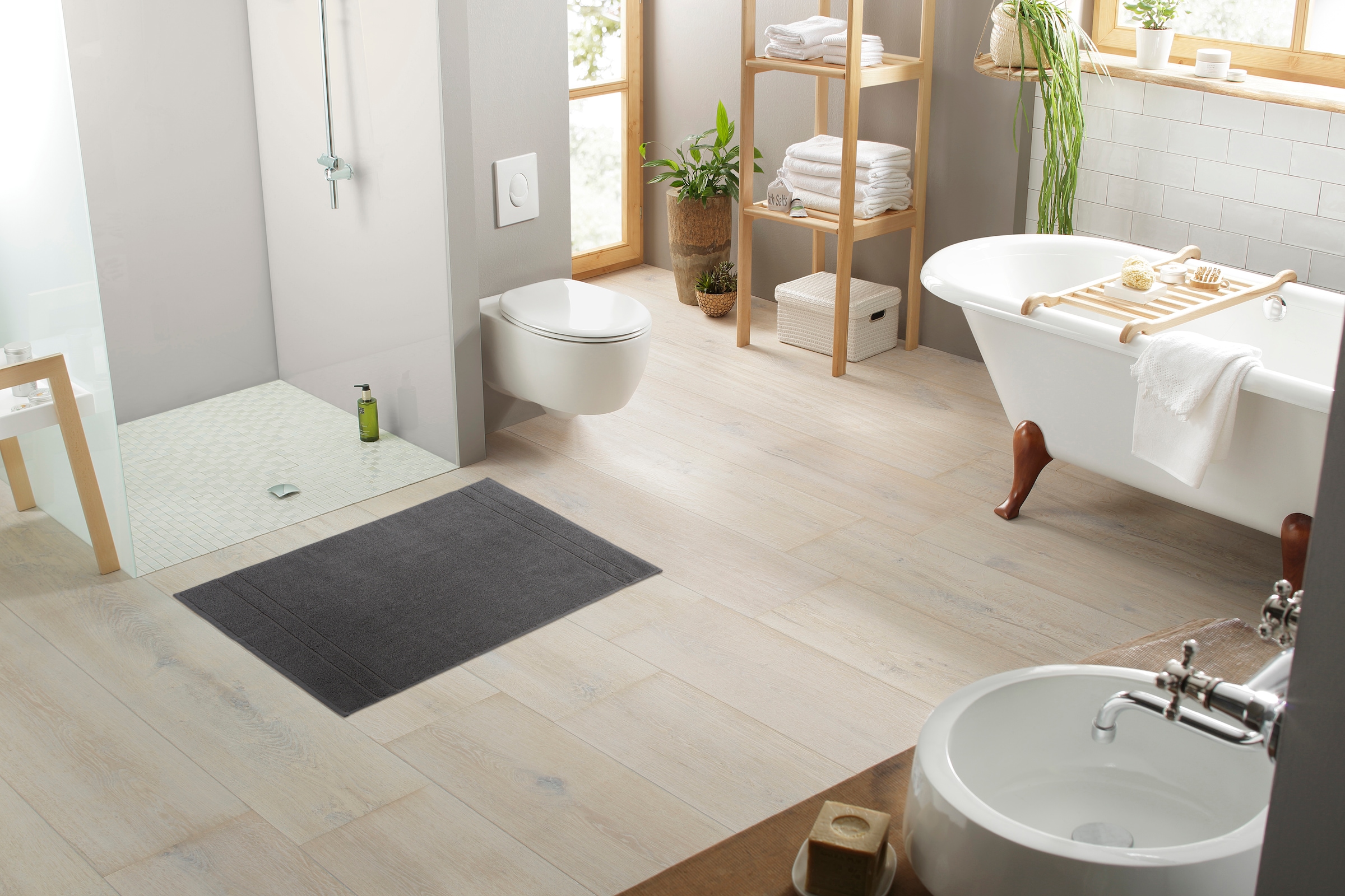 my home Badematte »Inga, 2 tlg. Hotelmatten-Set«, beidseitig nutzbar-schnell trocknend-strapazierfähig-fußbodenheizungsgeeignet, feine Bordüre, einfarbig, 100% Baumwolle, 2-teiliges Badematten-Set