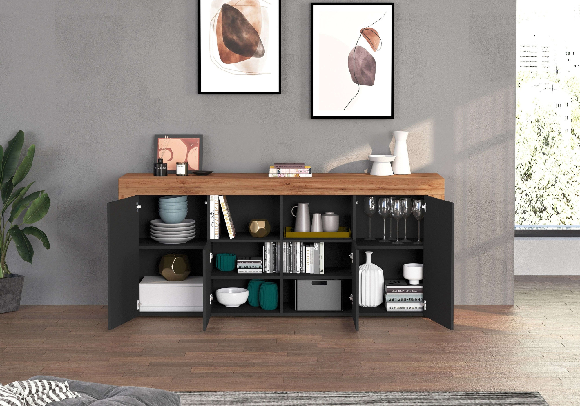 INOSIGN Sideboard »CHRONOS Breite 200 cm mit 4 Türen, 2 offene und 8 geschlossene Fächer«, (1 St.), Sideboard,Kommode, Schrank, Grifflos mit Push to Open, Made in Italy