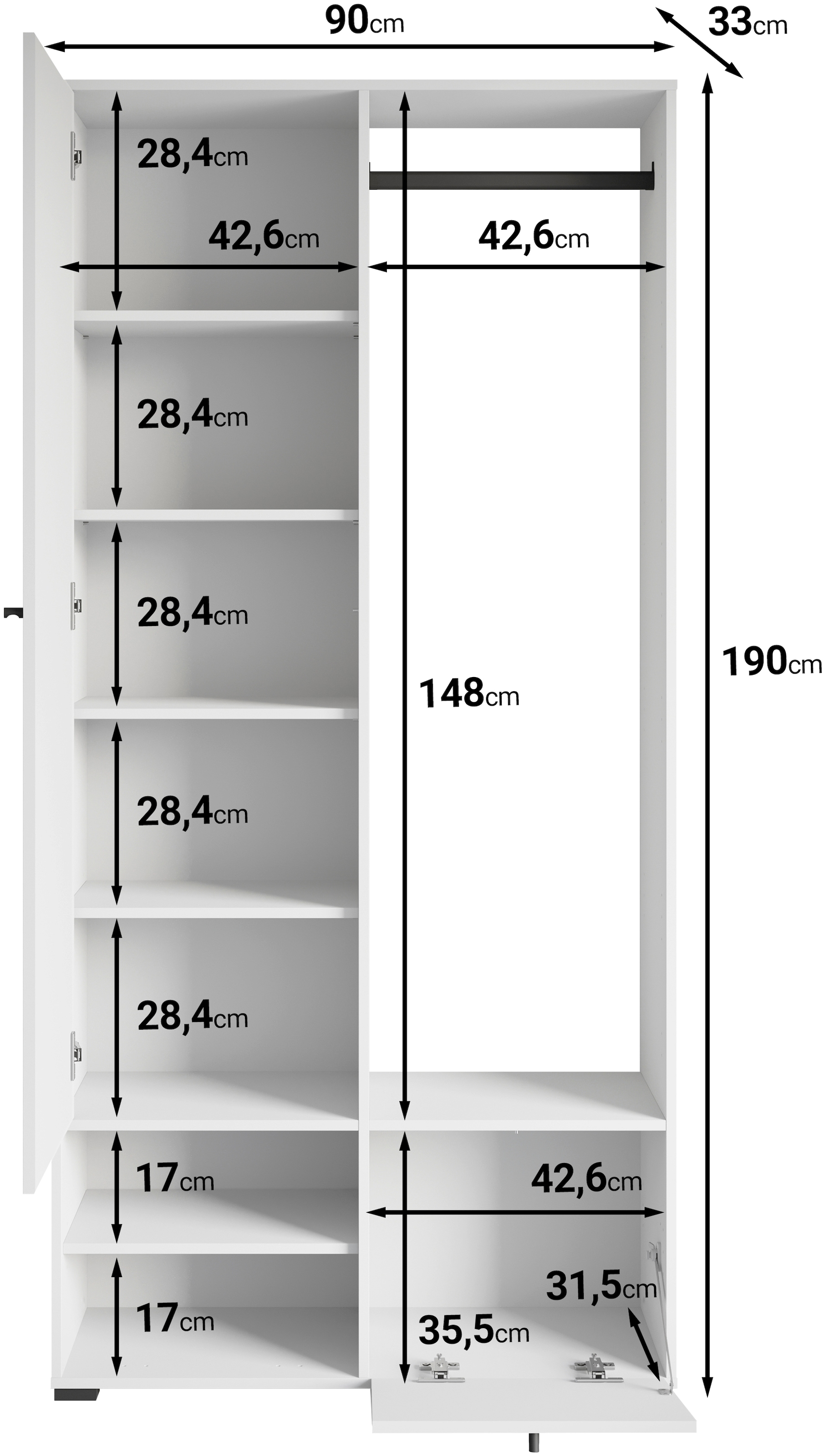 INOSIGN Garderobenschrank »DINO Kompaktgarderobe, Garderoben-Set DINO«, Mit Spiegel und Kleiderstange, 90 cm breit, Türanschlag wechselbar